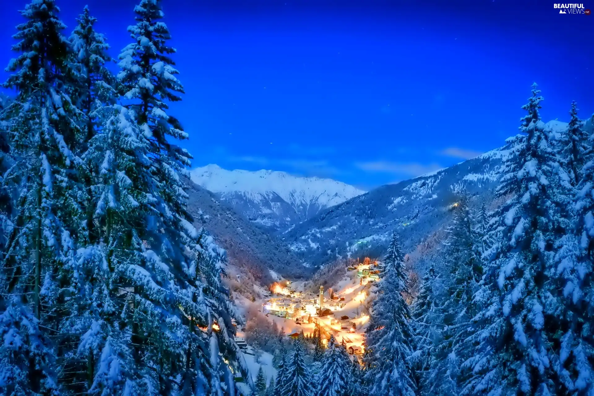 Valley, winter, Mountains, woods, village