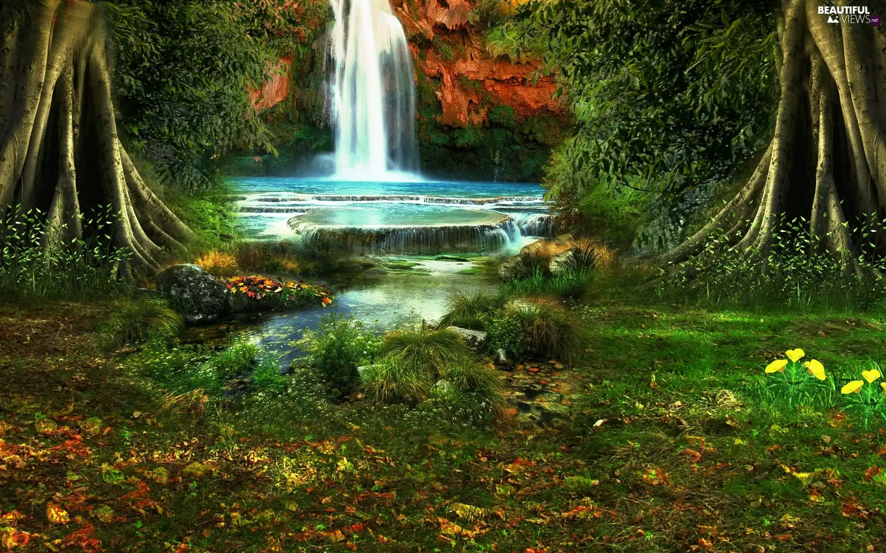 waterfall, viewes, VEGETATION, trees