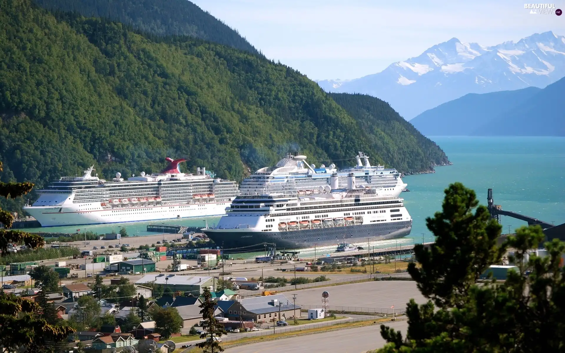 vessels, Mountains, Gulf, sea, Coast