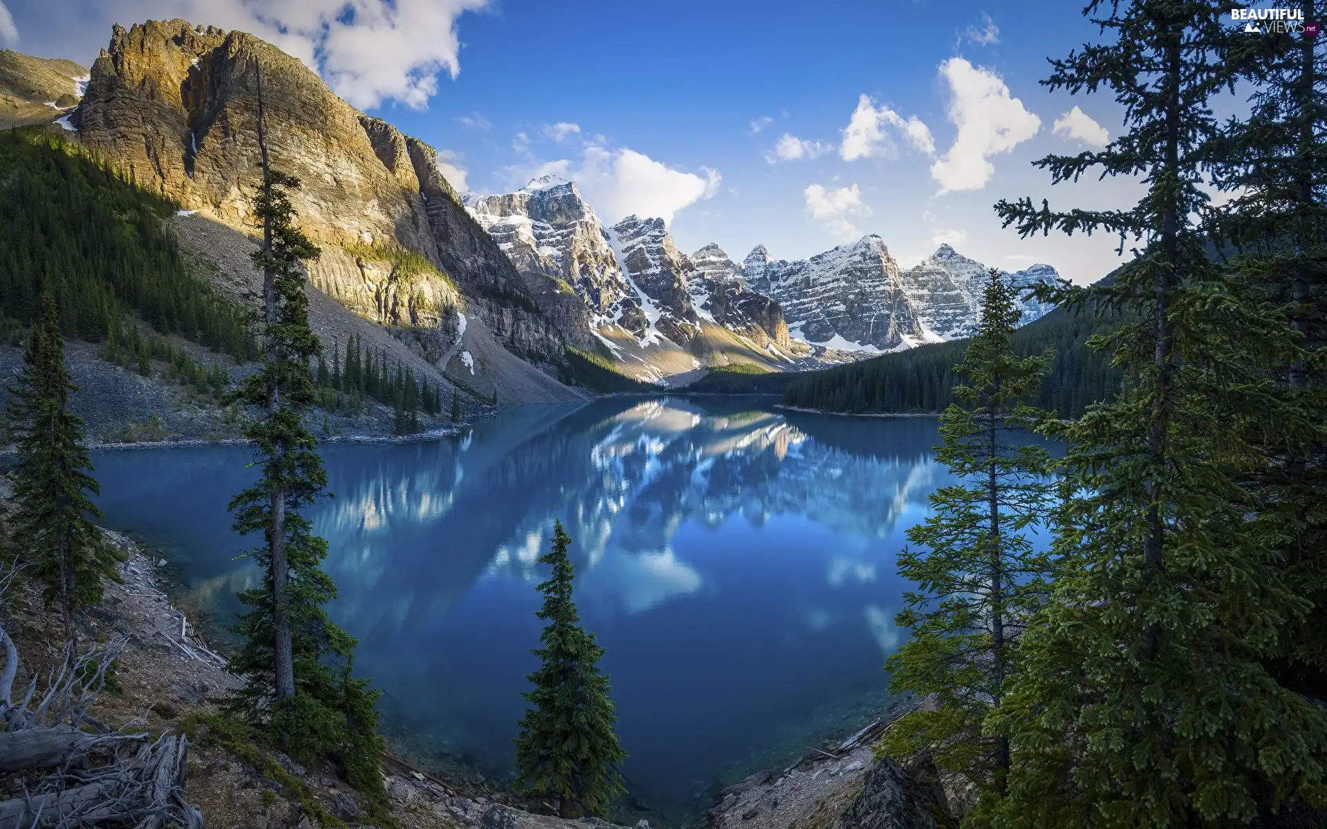 Mountains, Canada, lake, clouds, reflection, Spruces, viewes, Province of Alberta, Banff National Park, trees, Moraine Lake