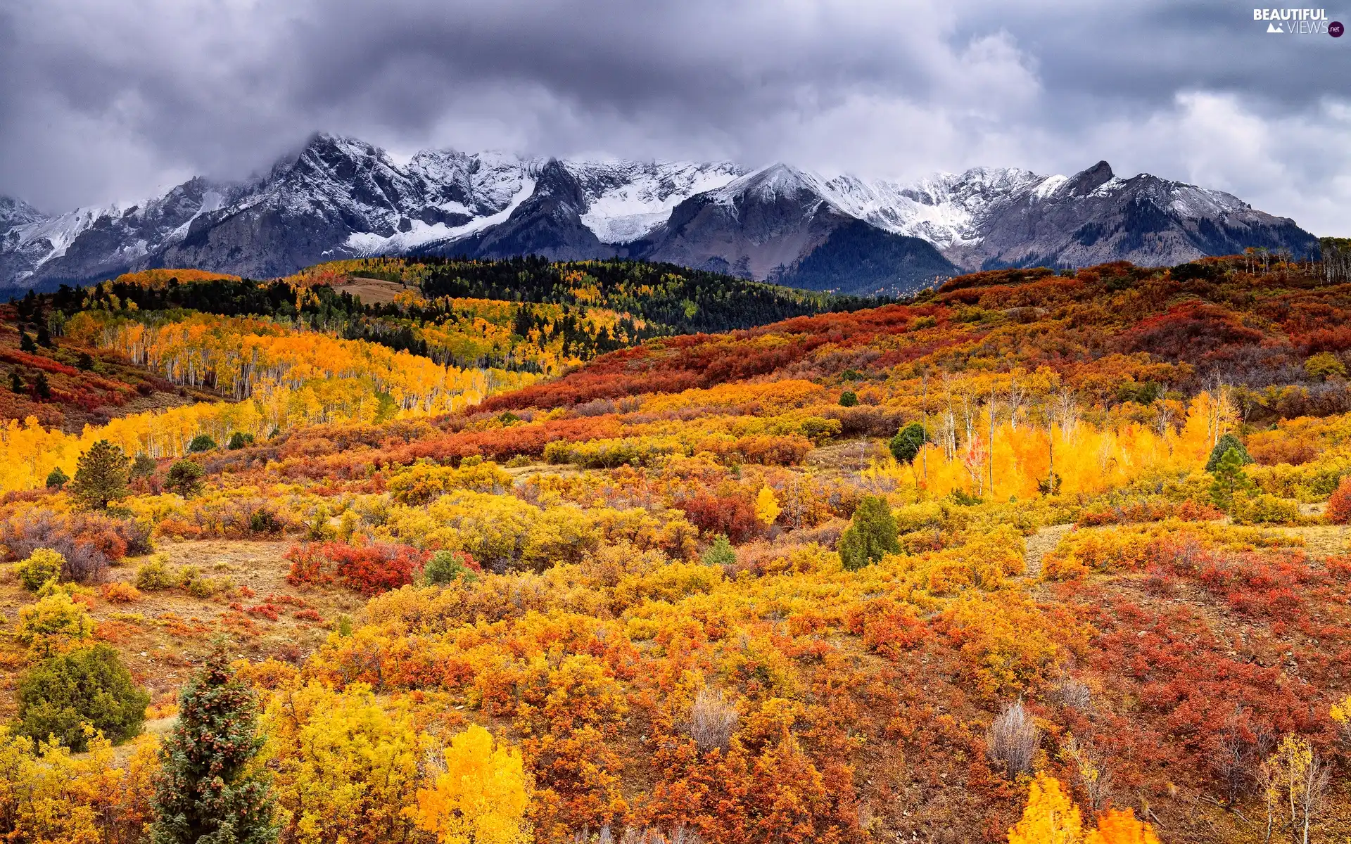 clouds, Mountains, viewes, autumn, trees, Sky