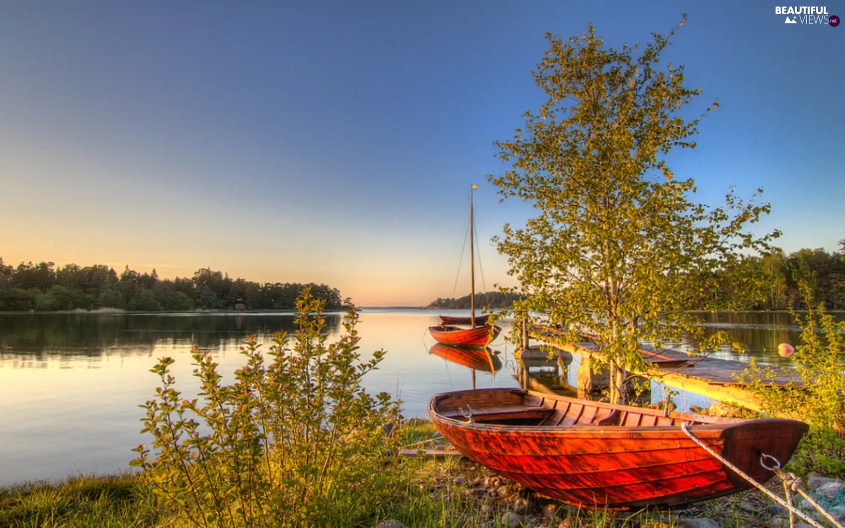 viewes, boats, lake, trees, Sky