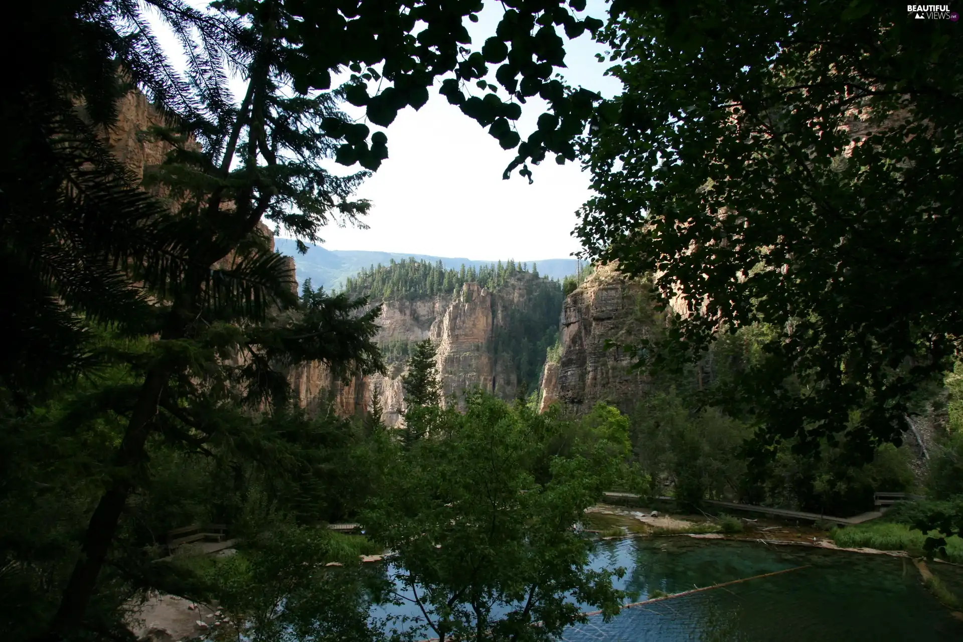 viewes, Pond - car, bridges, Bench, Mountains, trees