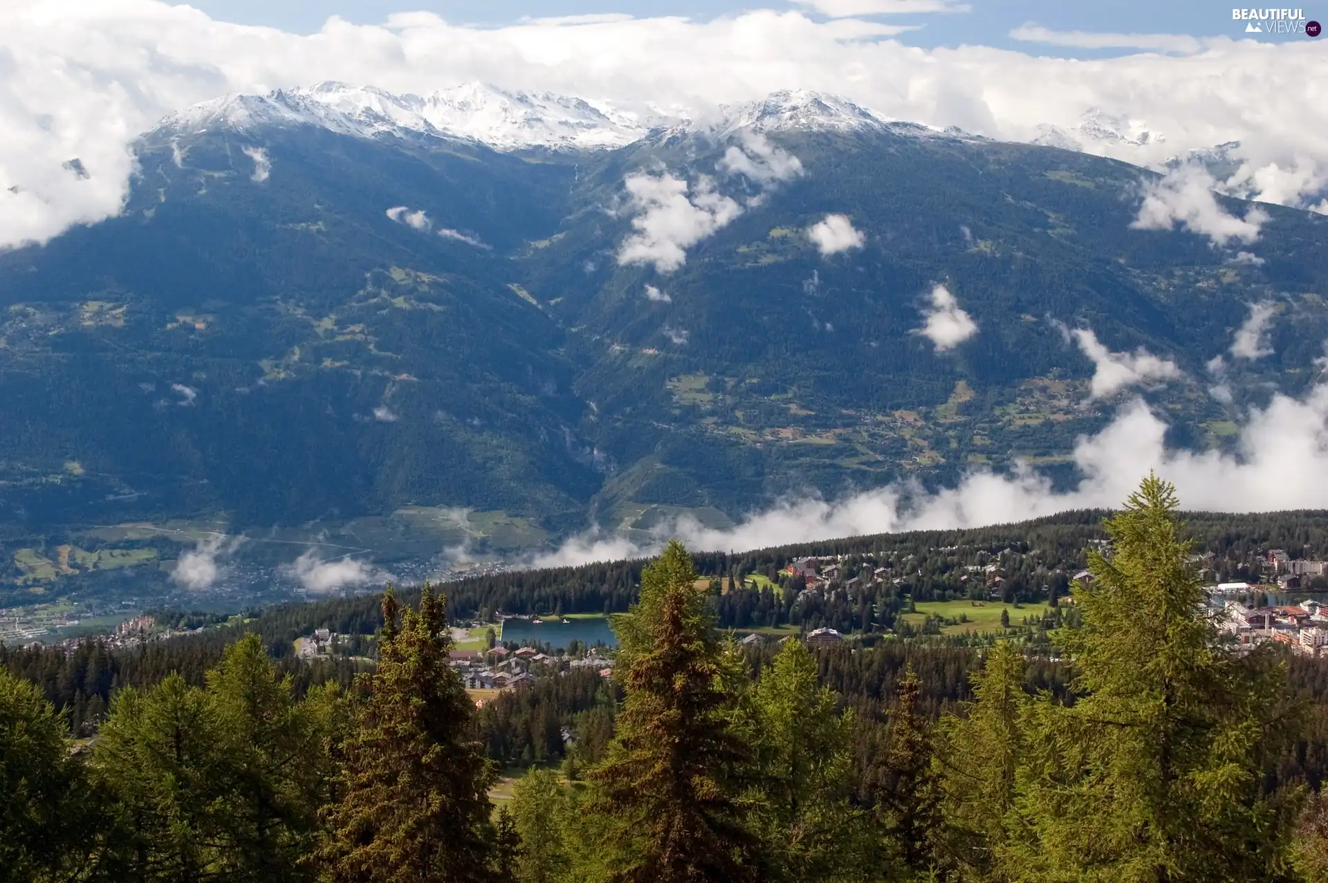 viewes, buildings, Mountains, trees, Fog