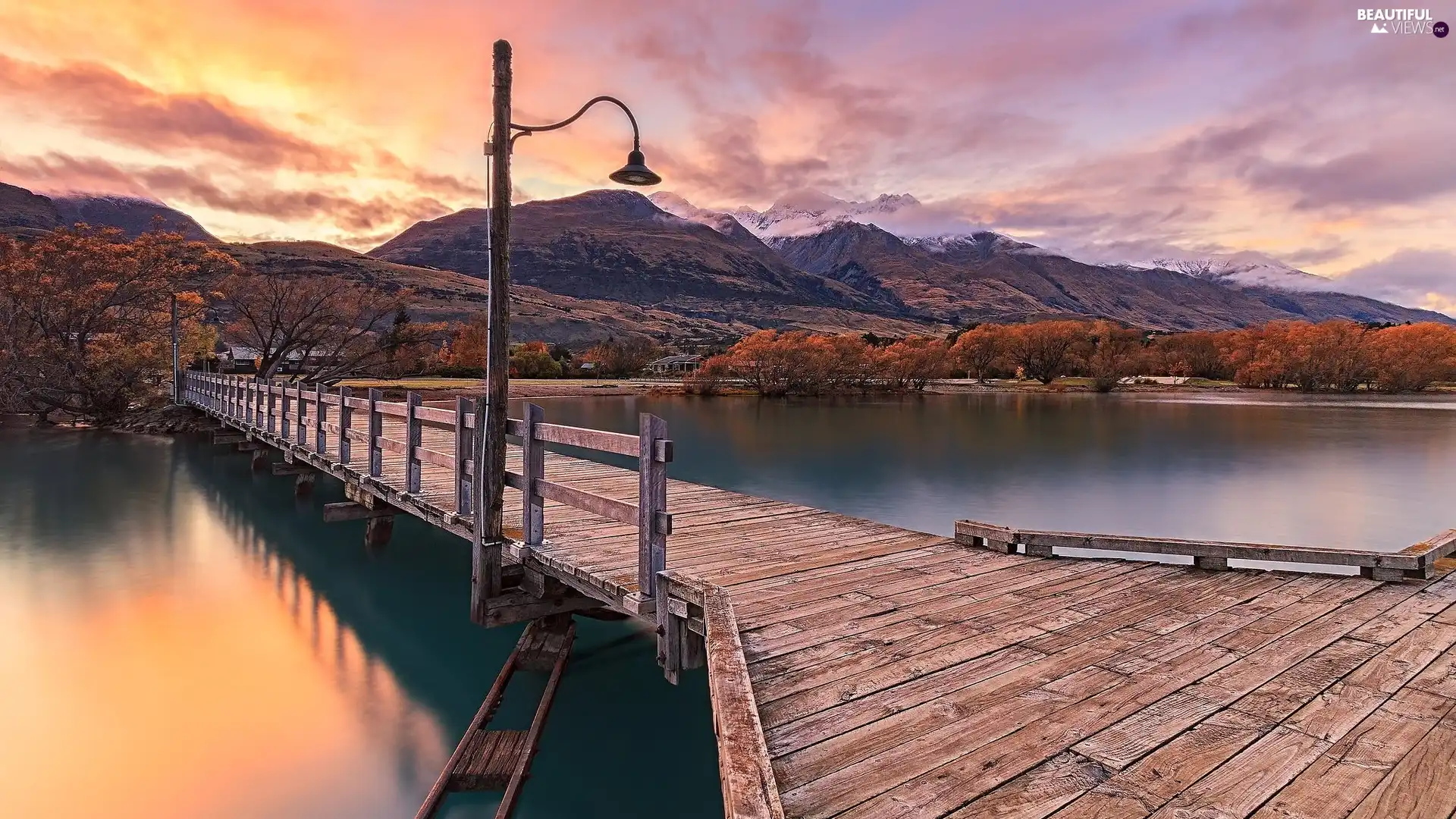 Platform, Lighthouse, clouds, trees, Sunrise, lake, Mountains, viewes