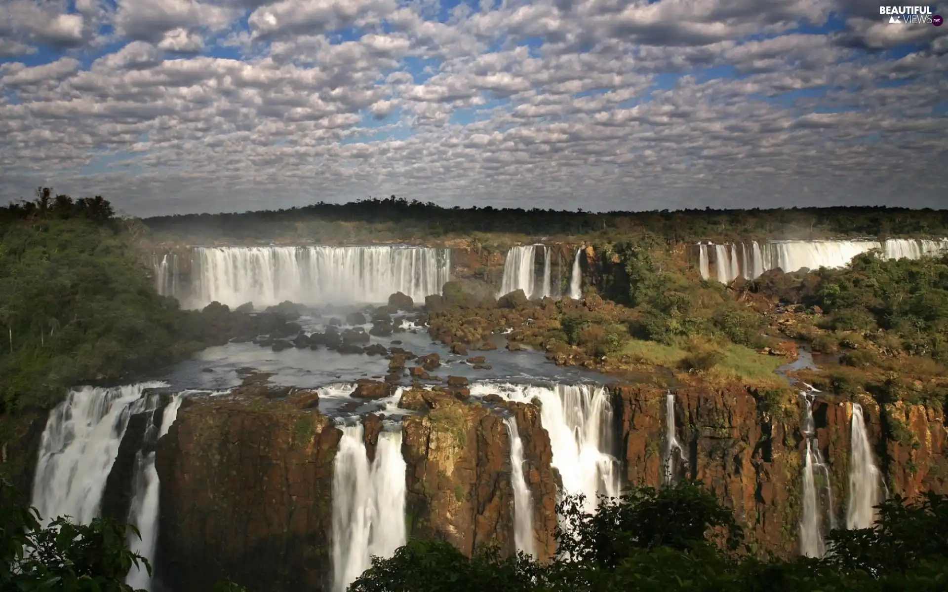 clouds, trees, viewes, waterfall