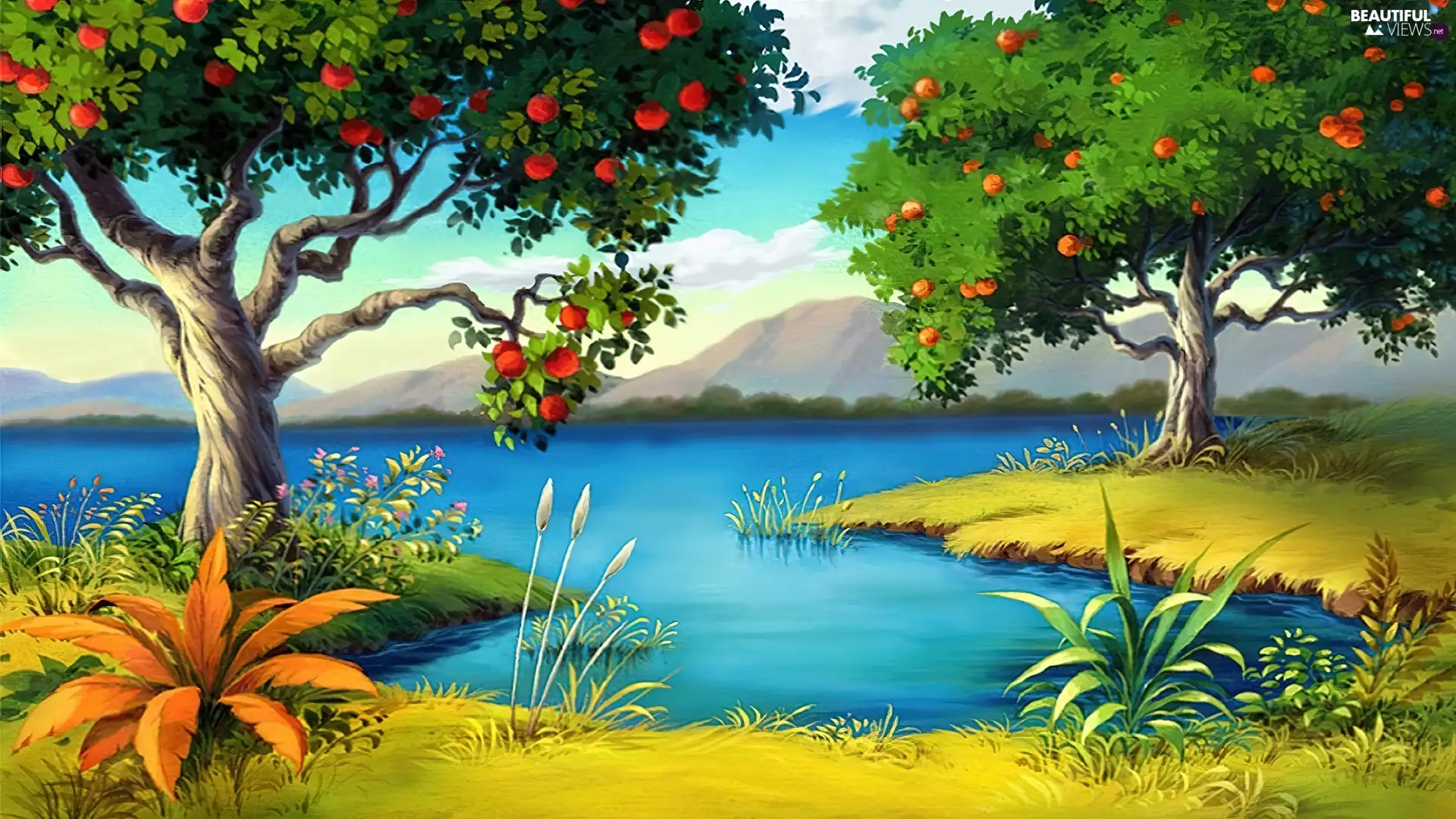 viewes, fruit, Mountains, trees, lake