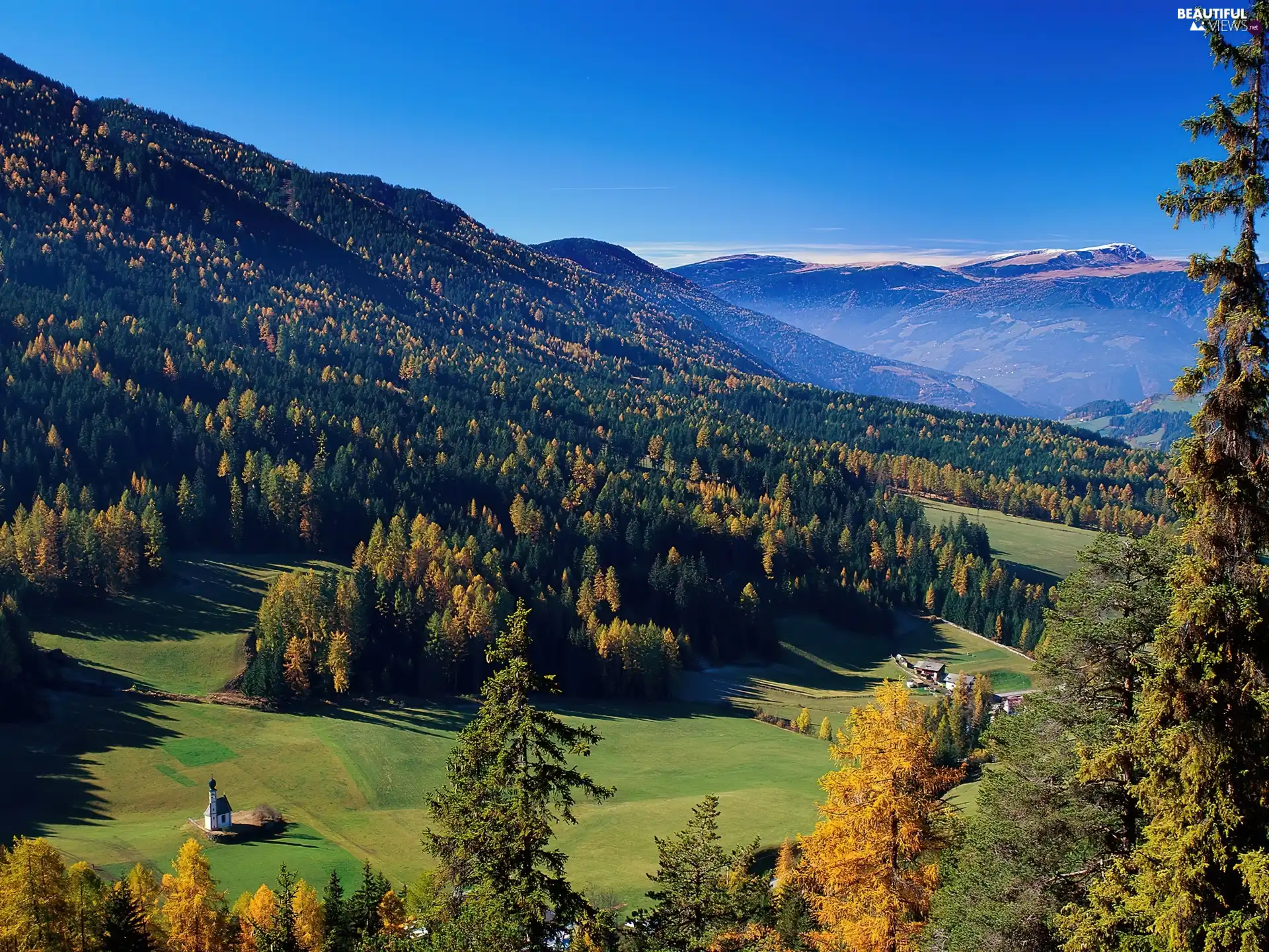 viewes, Home, medows, trees, Mountains