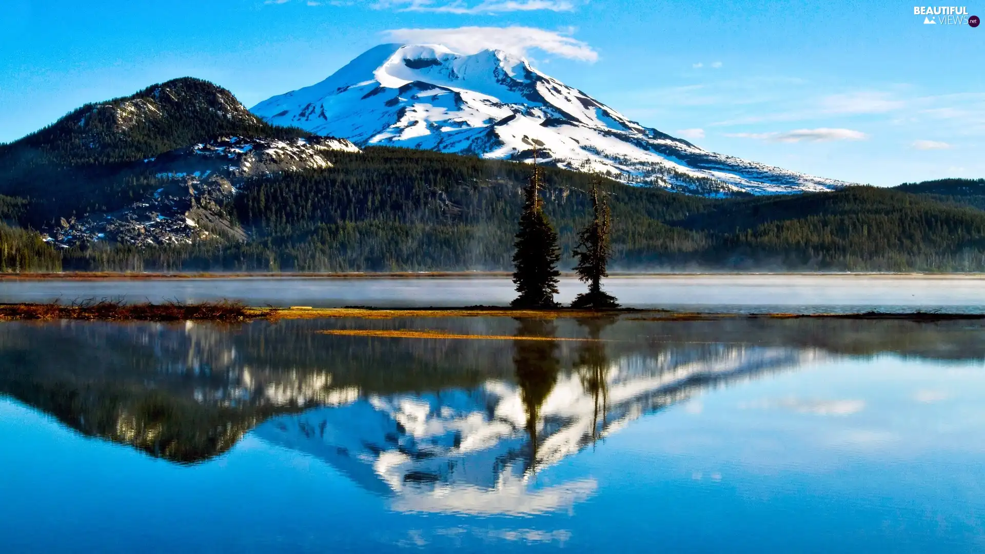 viewes, lake, Mountains, trees, Snowy