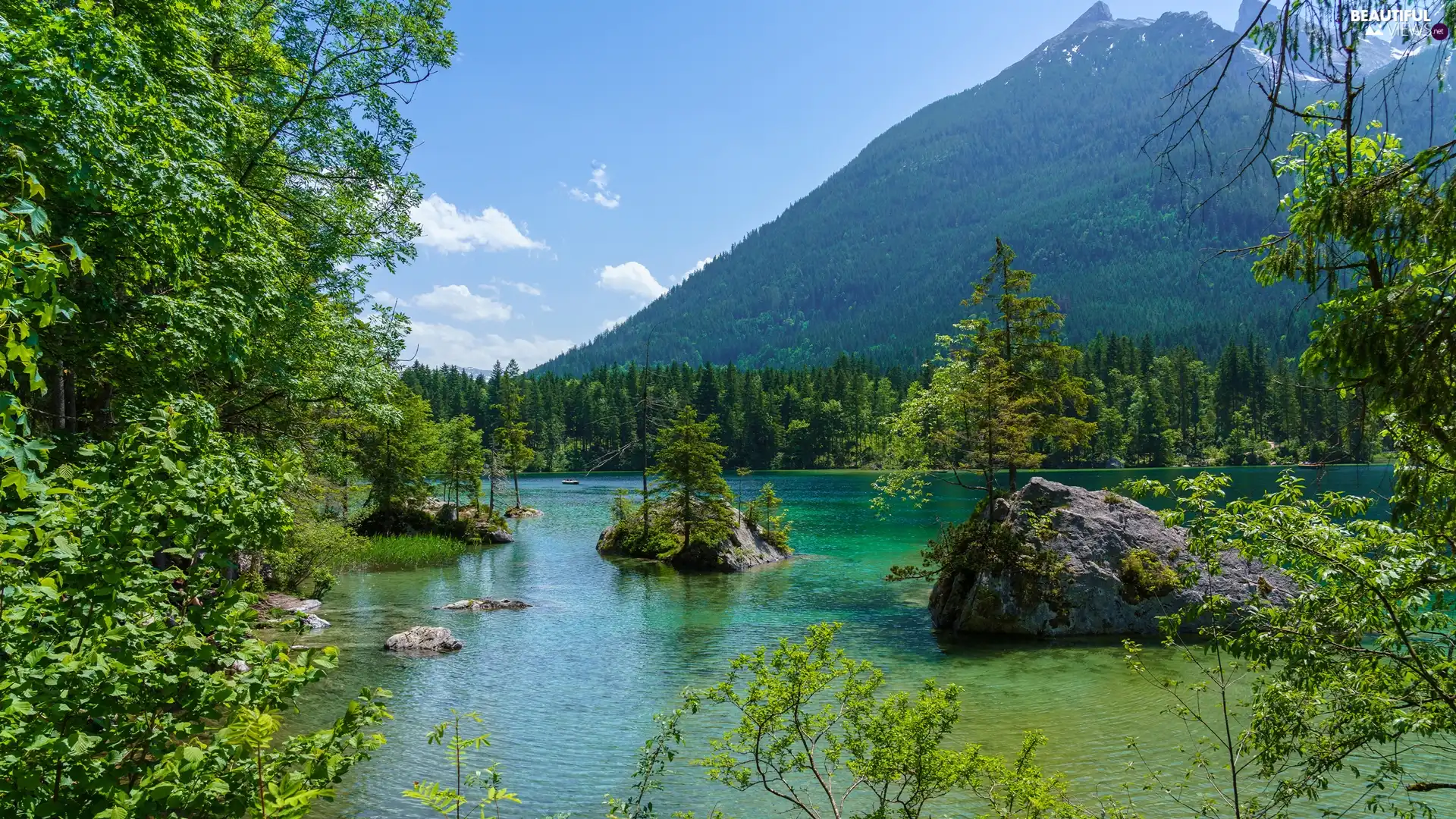 forest, Mountains, trees, viewes, rocks, lake