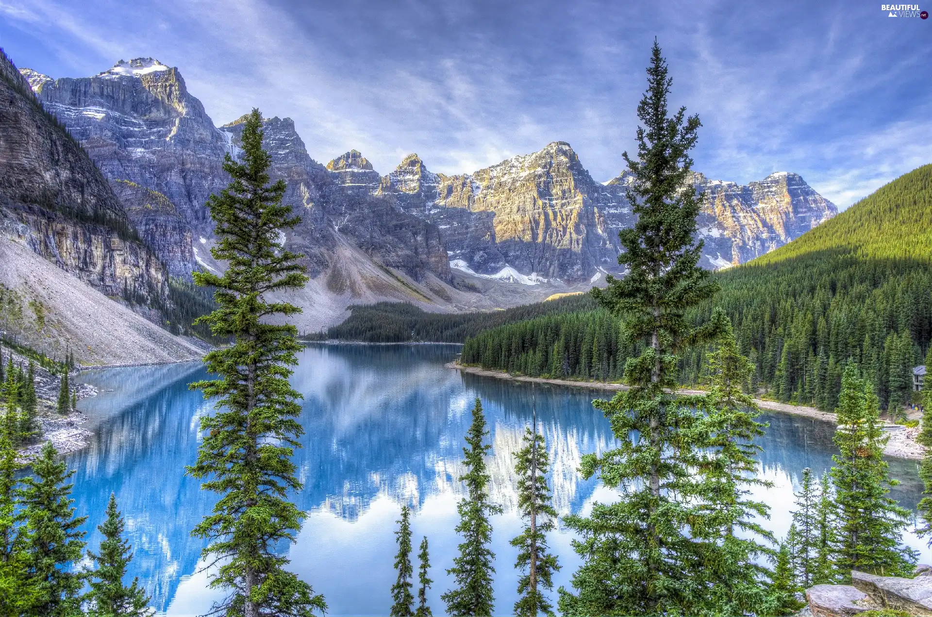 lake, trees, viewes, Mountains