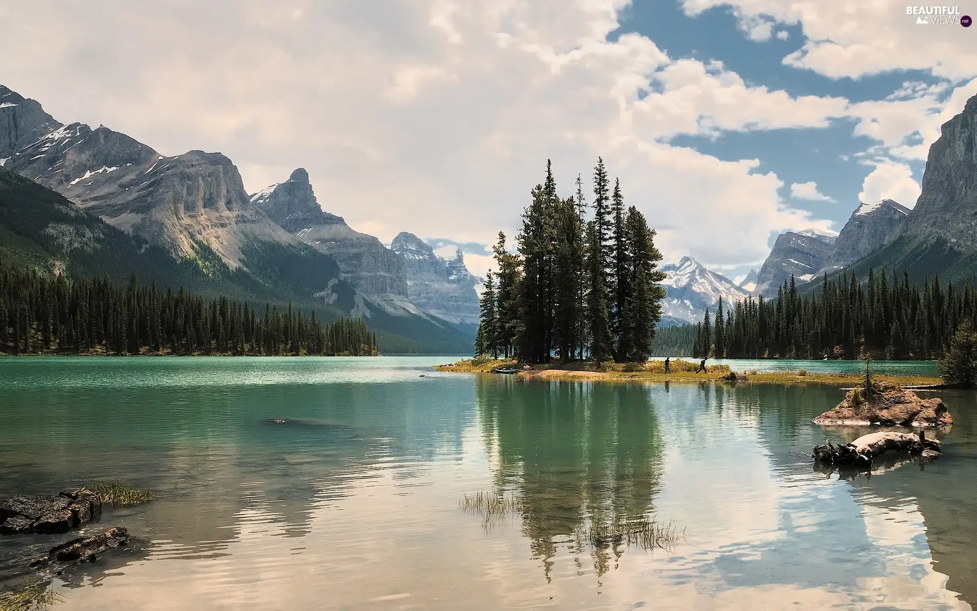 lake, trees, viewes, Mountains