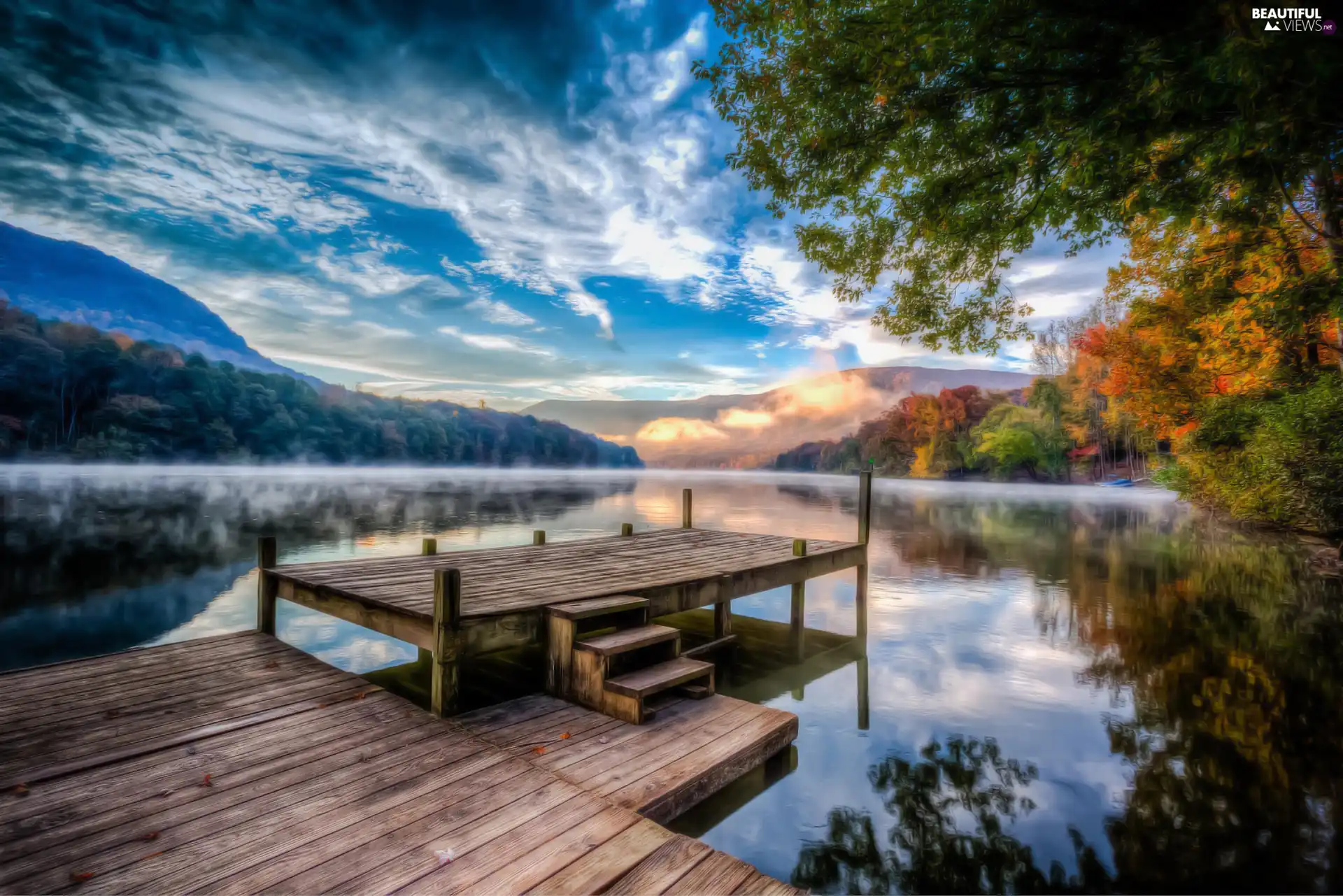 lake, trees, viewes, Platform