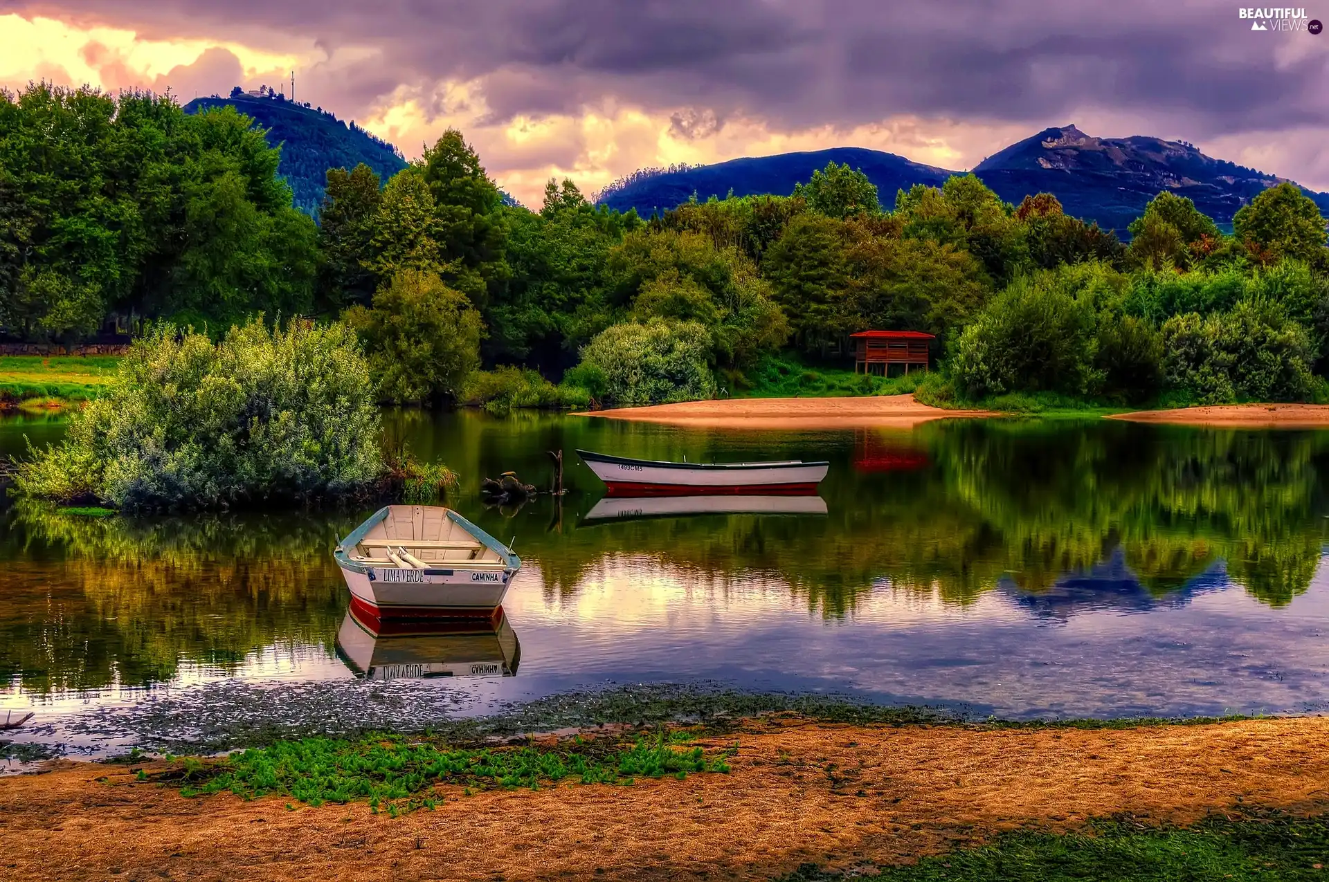 viewes, Mountains, lake, trees, boats