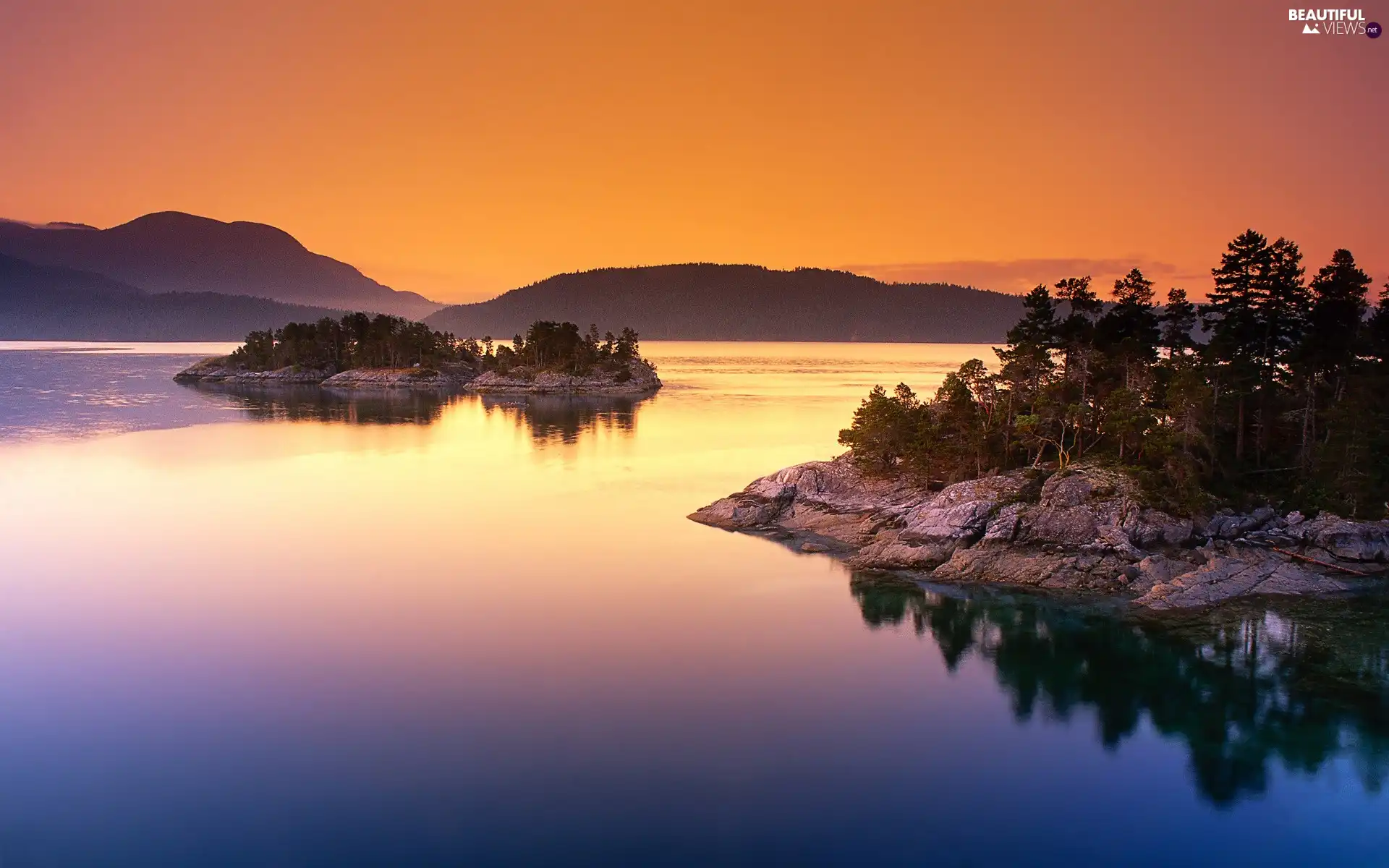 viewes, Mountains, Islet, trees, lake