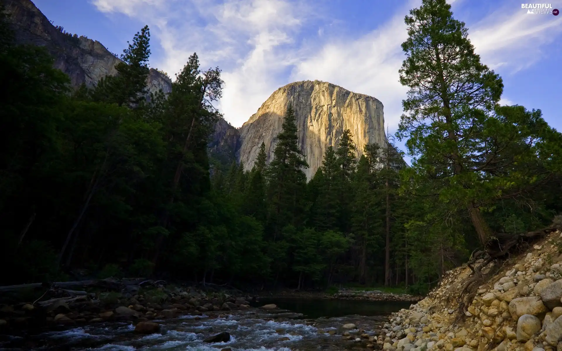 viewes, Mountains, Stones, trees, River