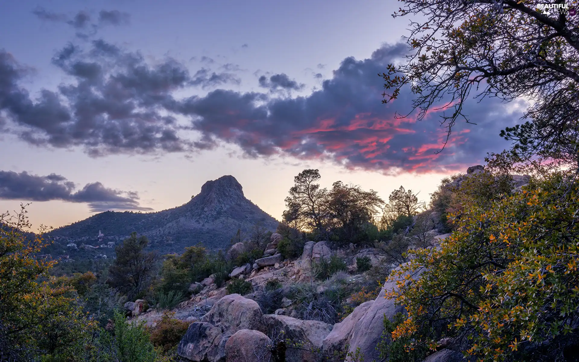 color, trees, mountains, viewes, rocks, Bush, clouds