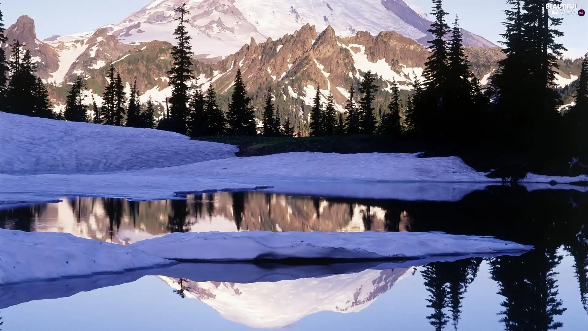 viewes, Mountains, snow, trees, water