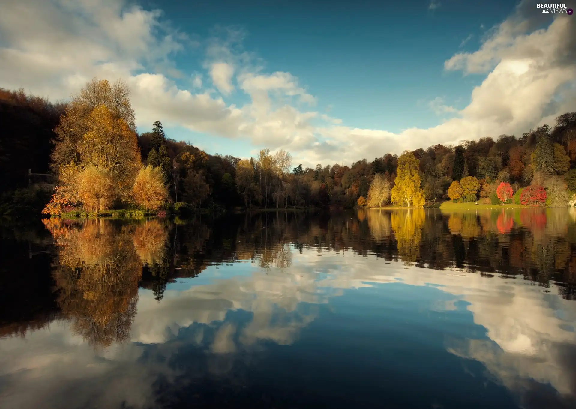 viewes, reflection, lake, trees, autumn