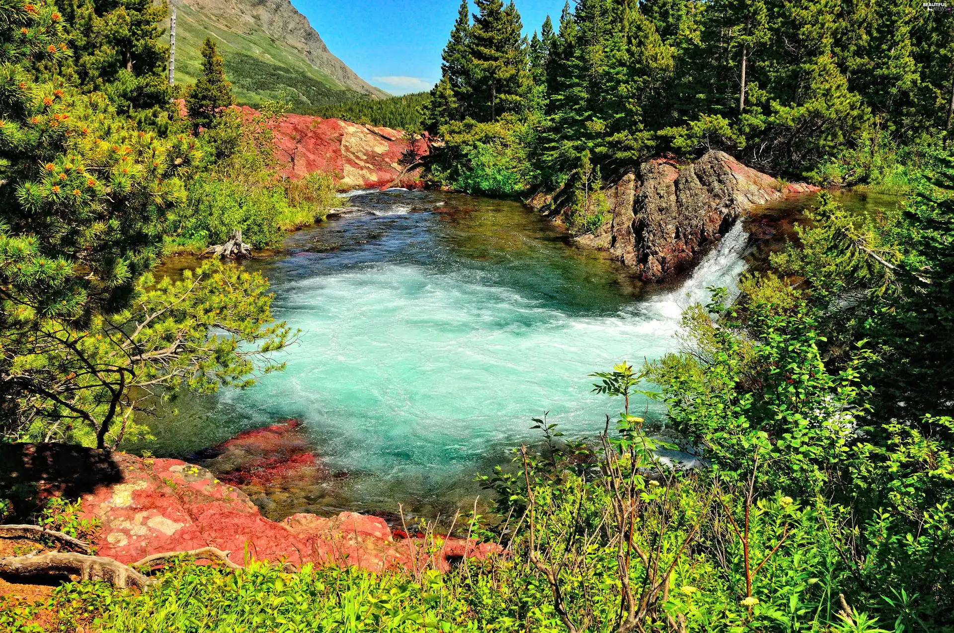 viewes, Stones rocks, lake, trees, Mountains