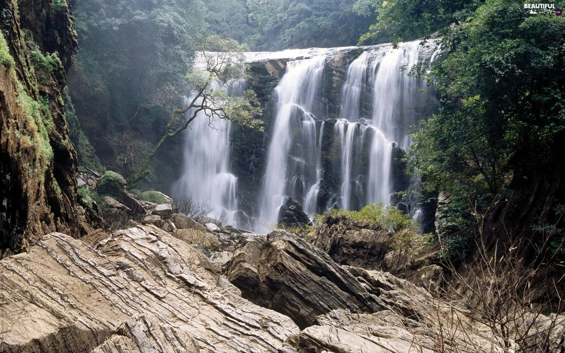 viewes, rocks, height, trees, waterfall