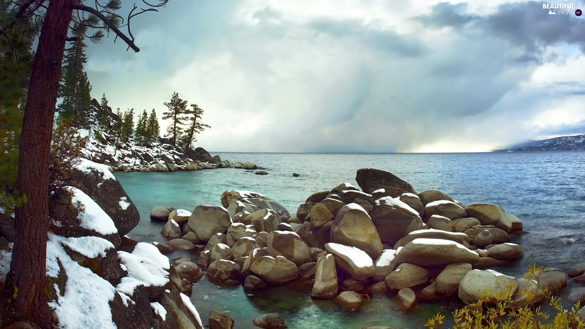 Stones, Nevada, viewes, snow, trees, lake