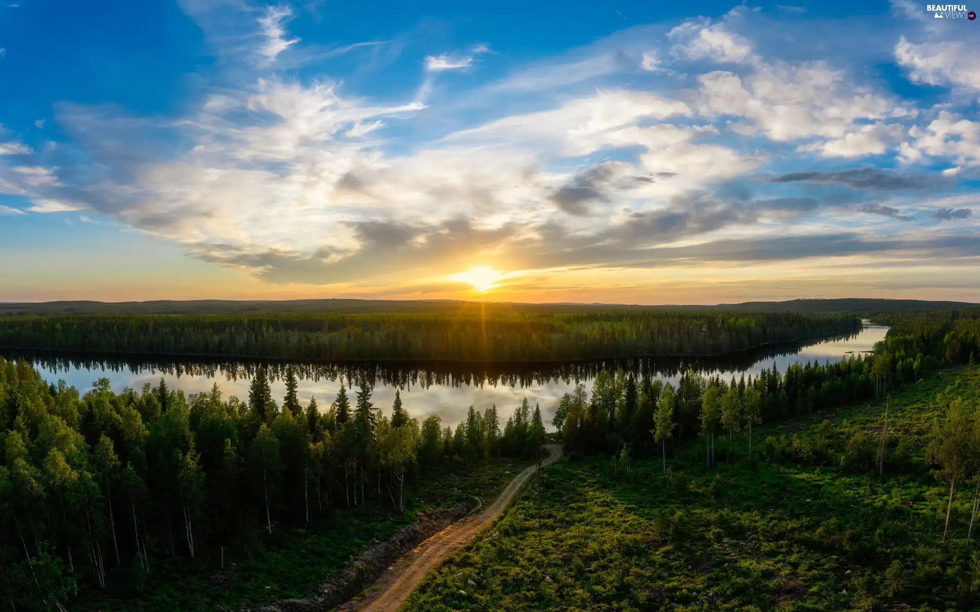 viewes, Way, Great Sunsets, Field, clouds, trees, woods, River