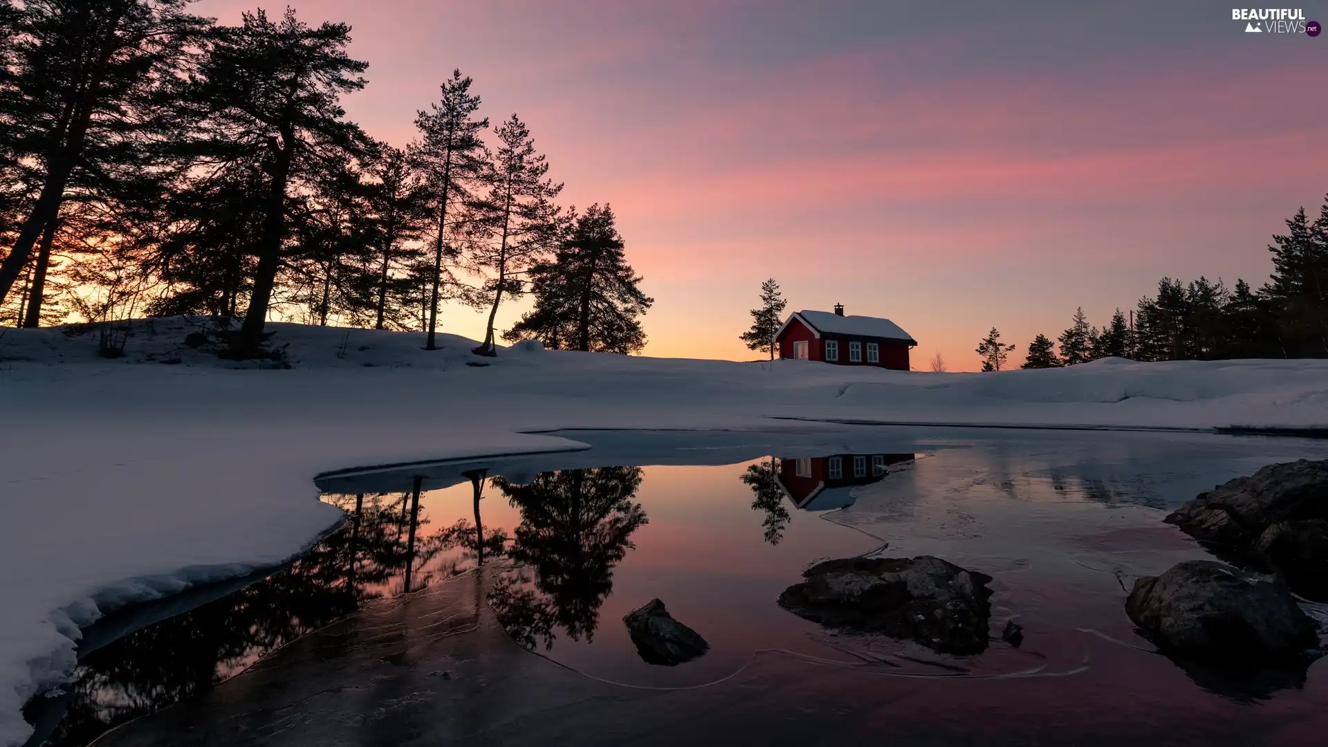 winter, Ringerike, trees, Vaeleren Lake, Norway, house, viewes