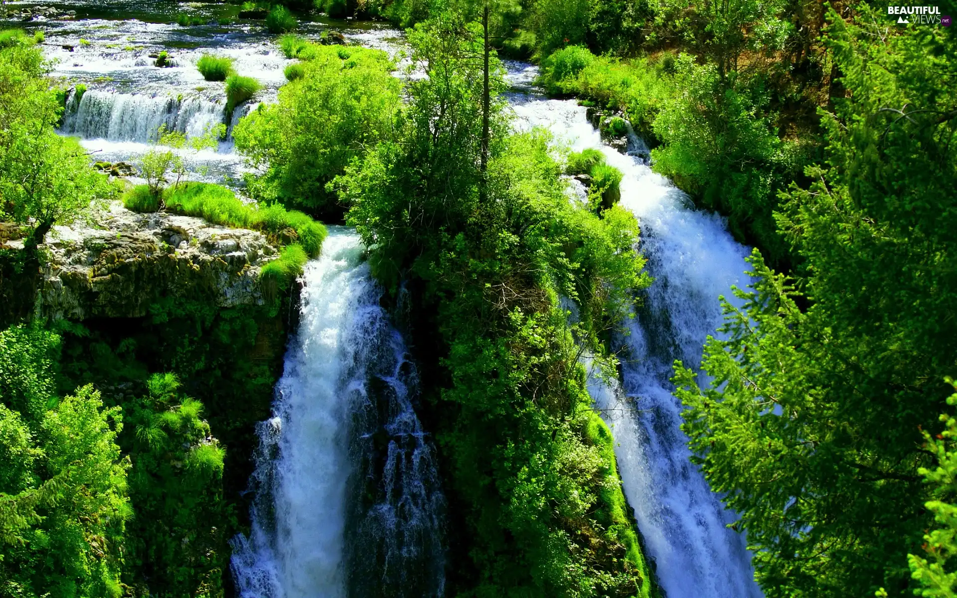 viewes, waterfall, trees