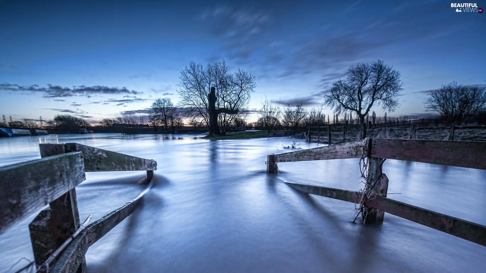 viewes, twilight, River, trees, spilled