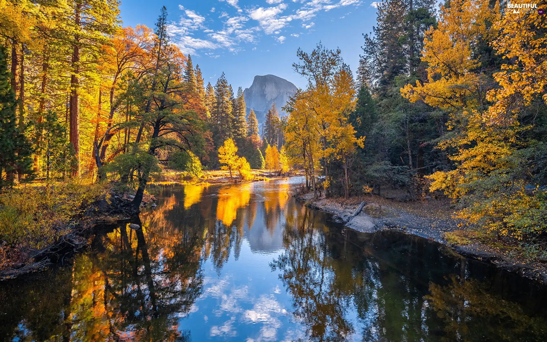 California, The United States, Yosemite National Park, autumn, viewes, Leaf, Merced River, trees, Mountains