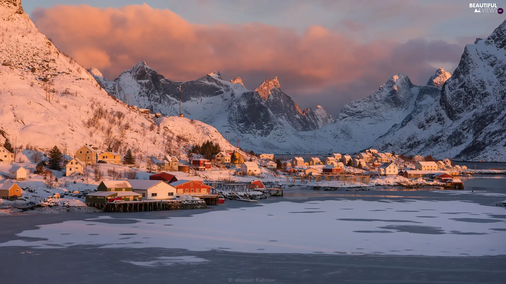 Reine, winter, Lofoten, village, Mountains, Houses, Norway