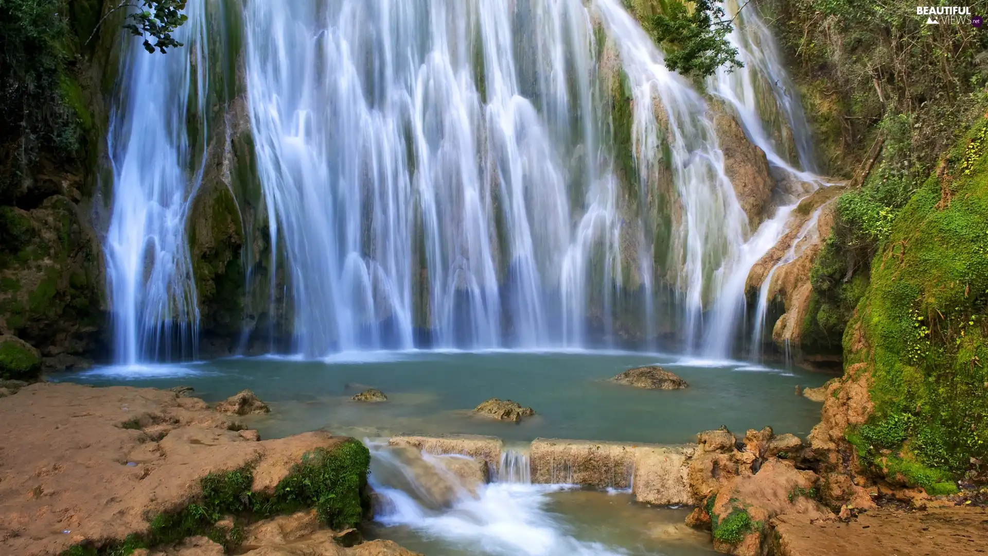 wall, waterfall, rock