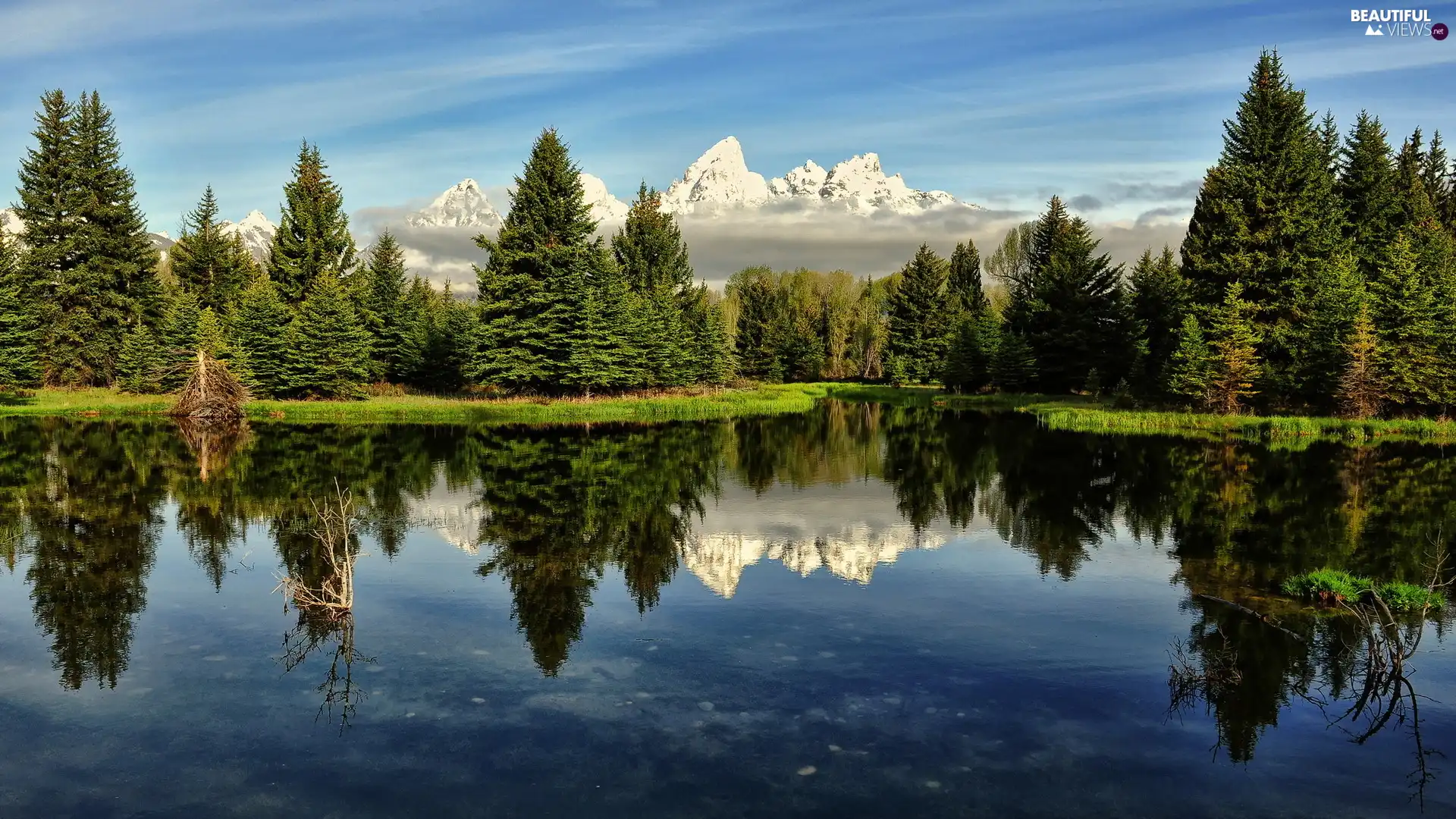 water, Sky, trees, viewes, Mountains