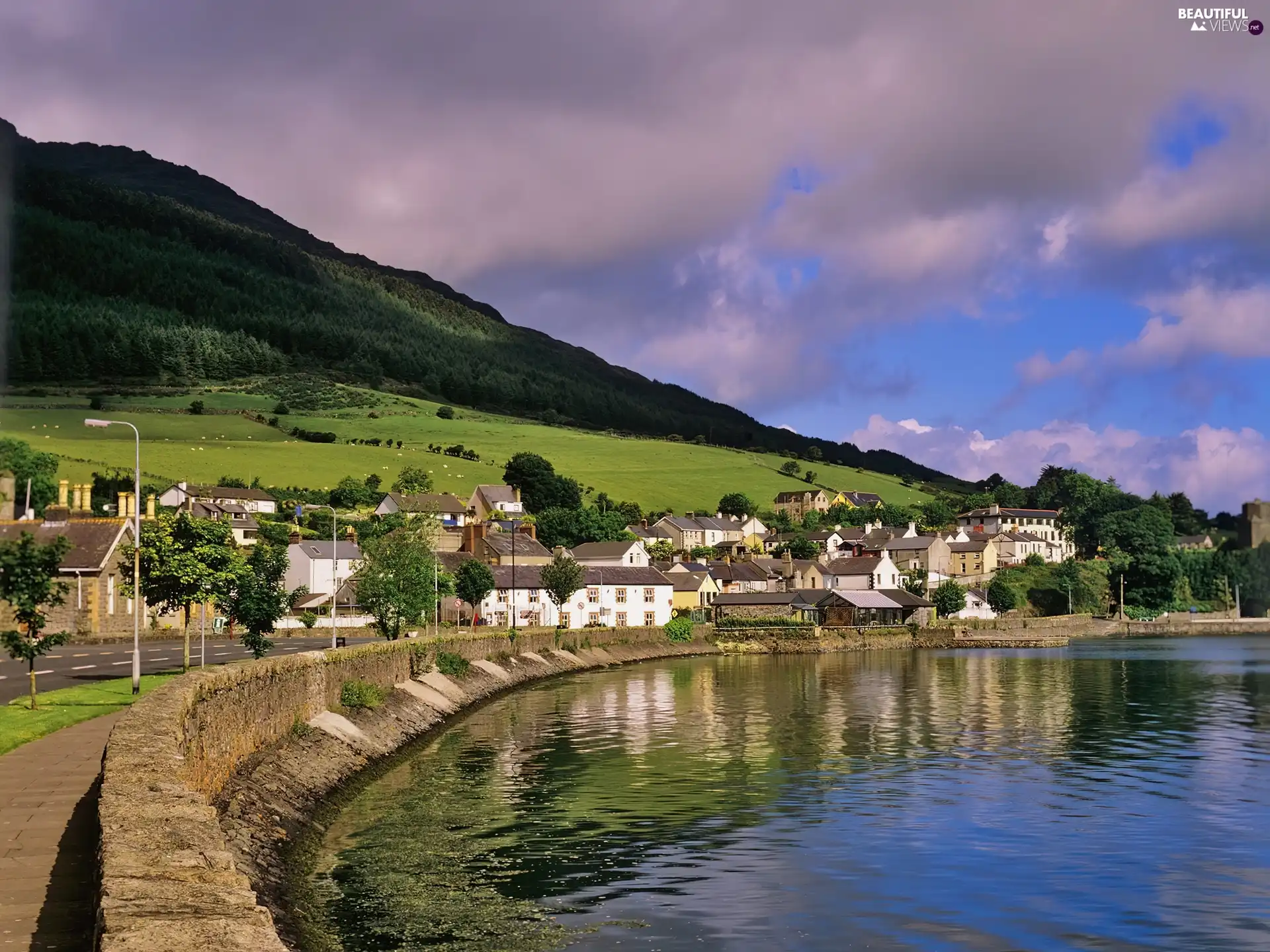 water, Mountains, Town