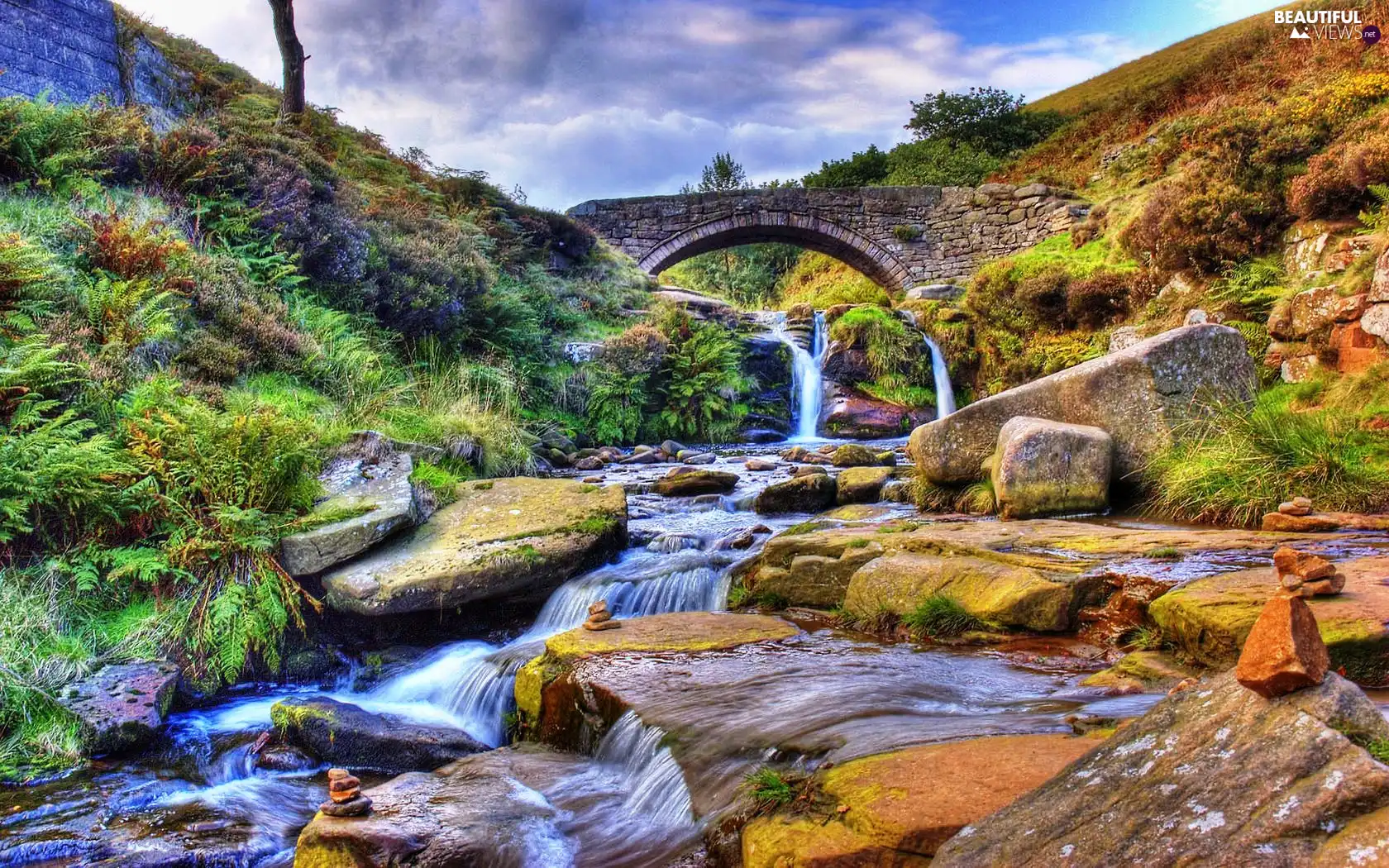 waterfall, Bush, brook, Stones, bridge