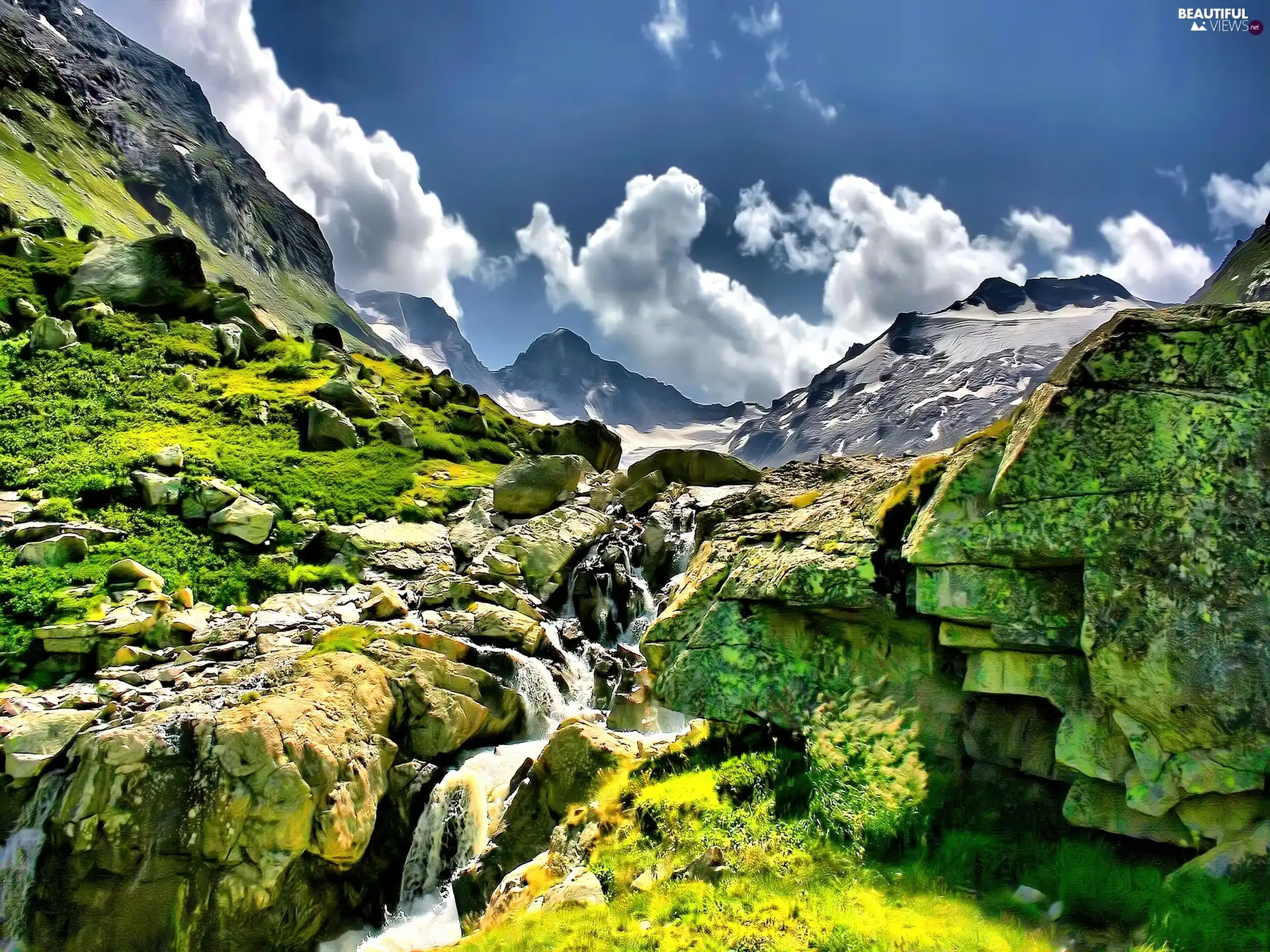 waterfall, Mountains, clouds