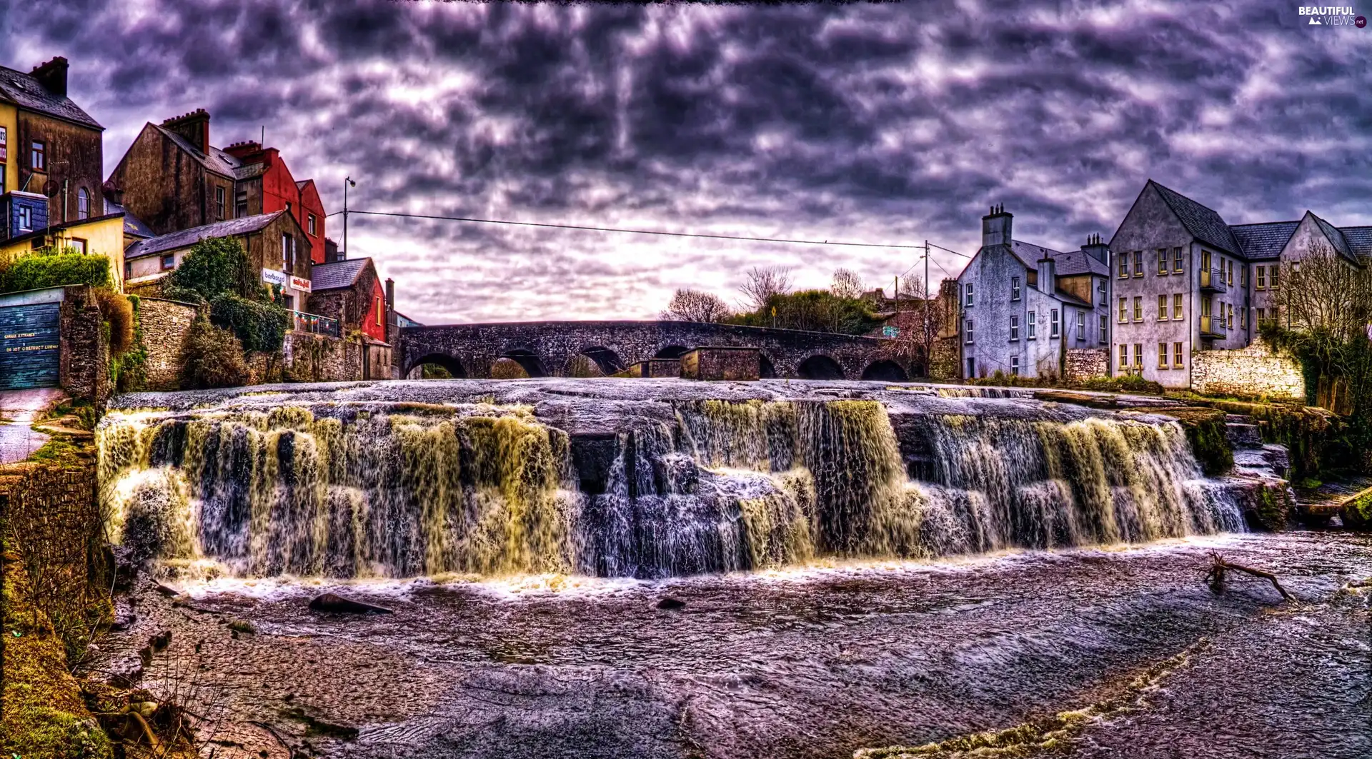 waterfall, clouds, Houses