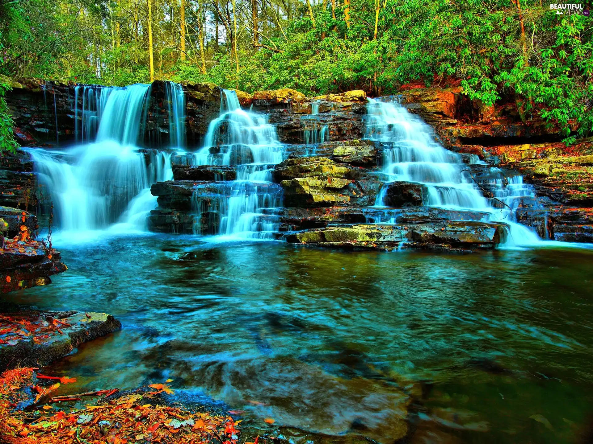 waterfall, lake, viewes, rocks, trees