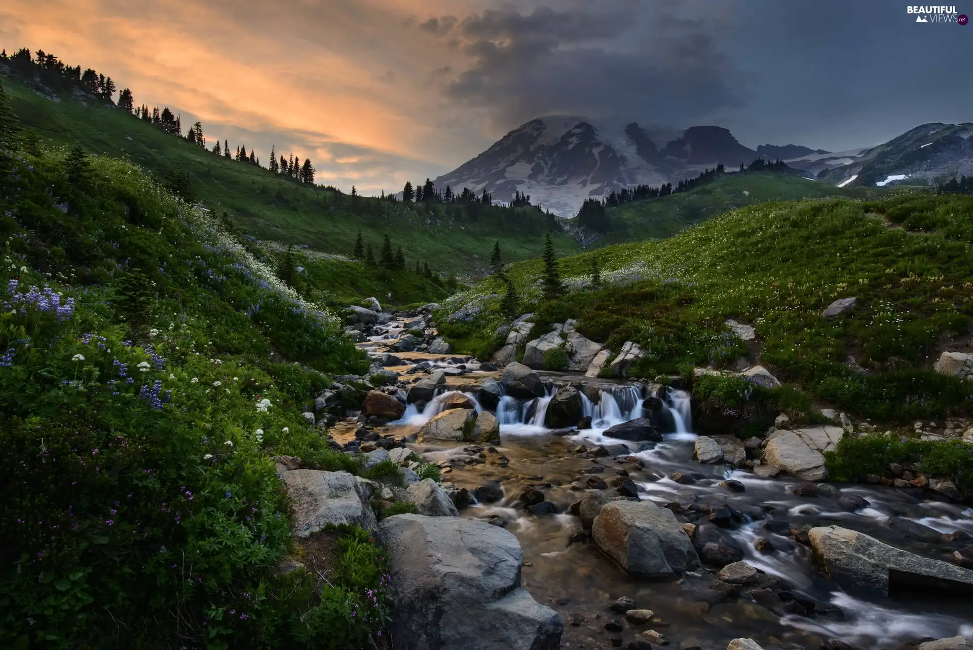 Mountains, waterfall