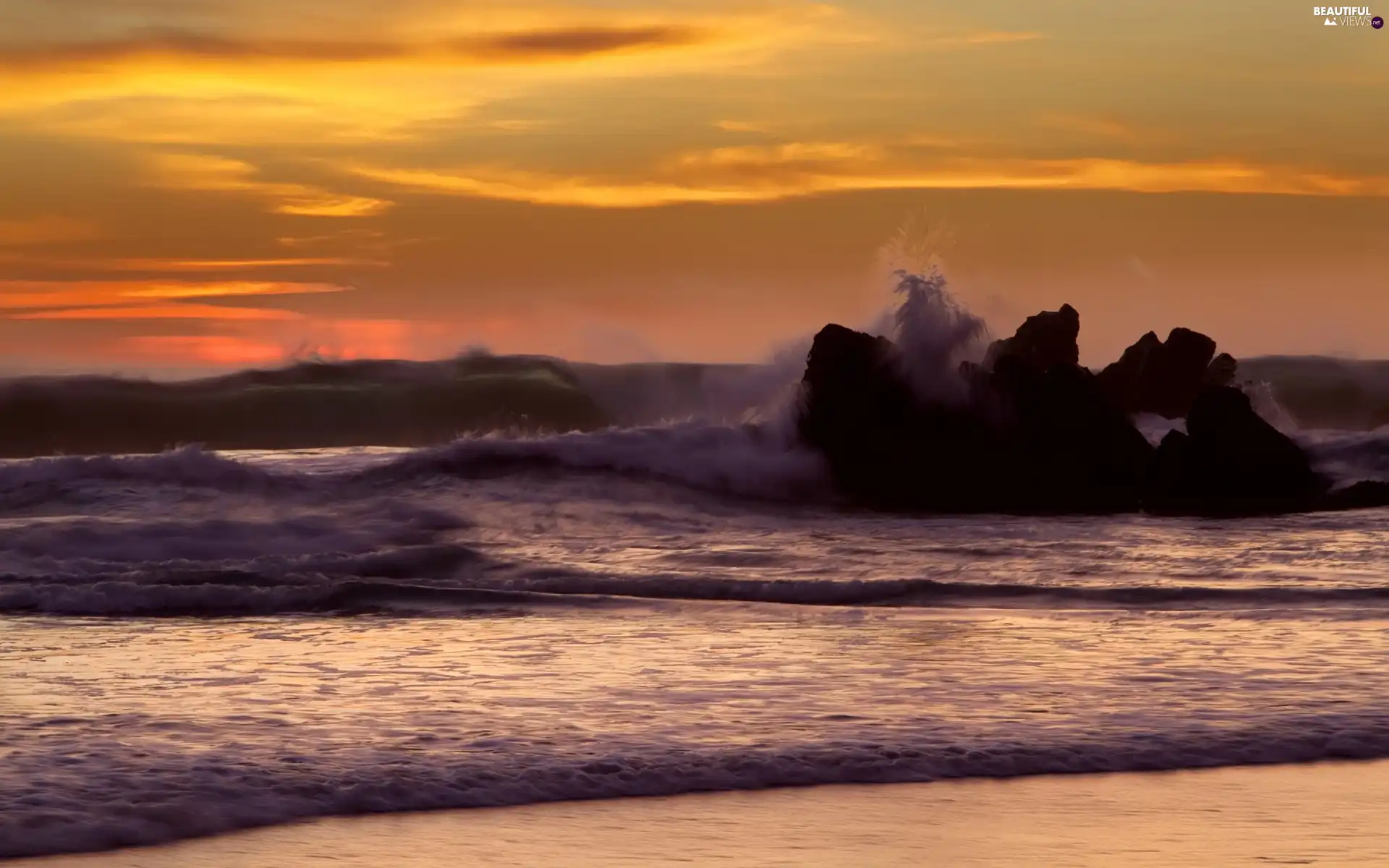 rays, west, Waves, rocks, sea, sun