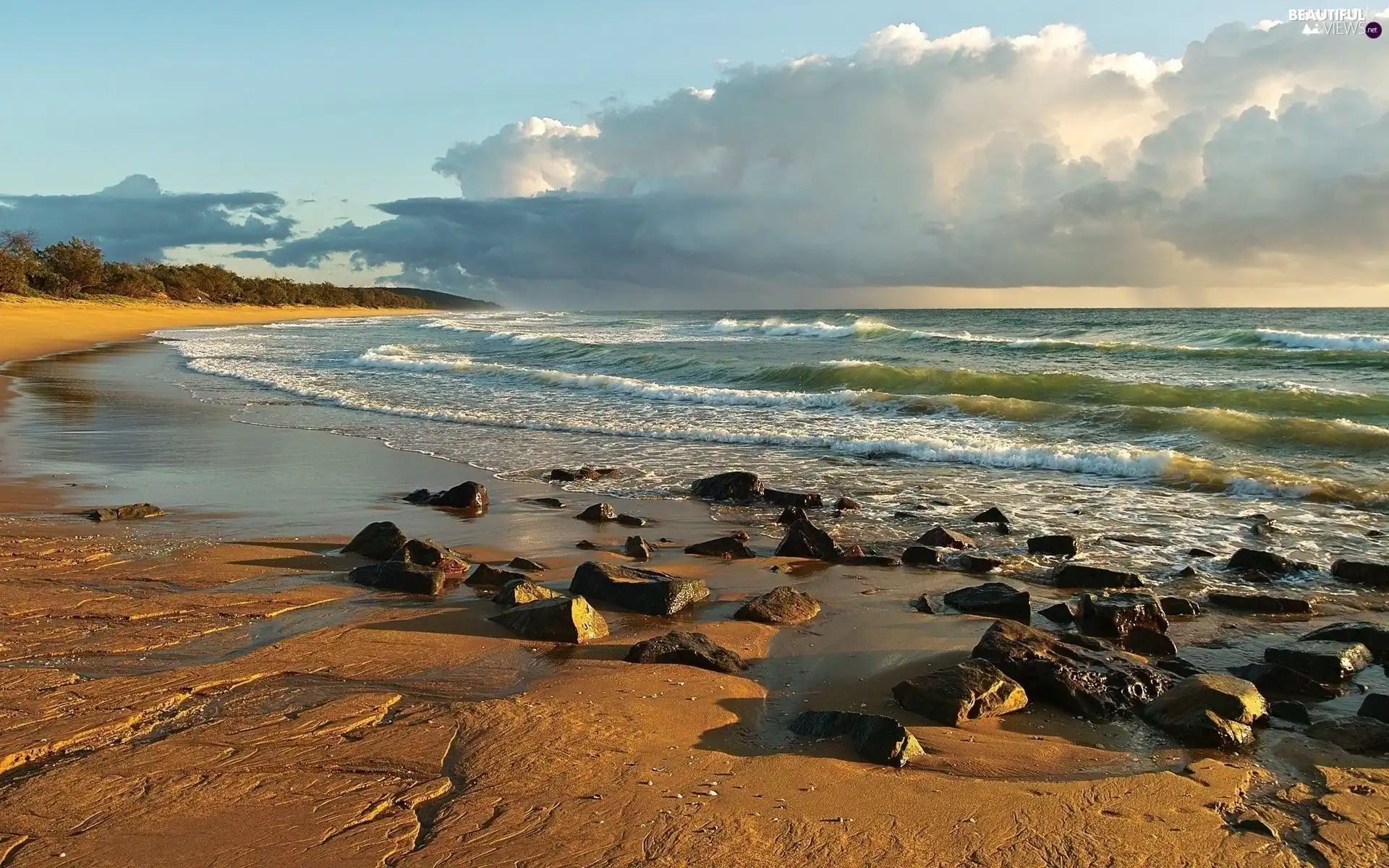 Waves, Stones, sea, Beaches, Sky