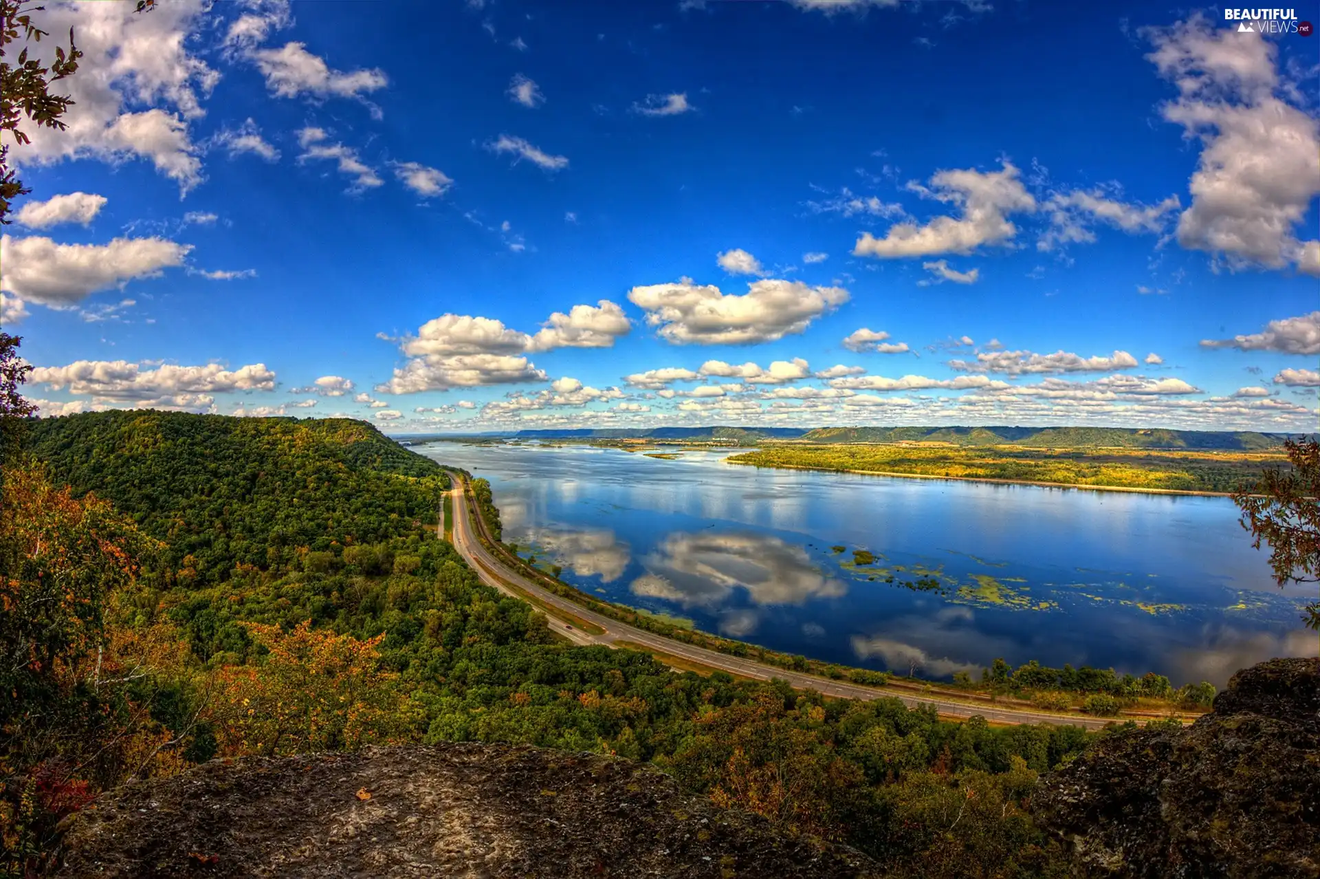 Way, clouds, Mountains, woods, River