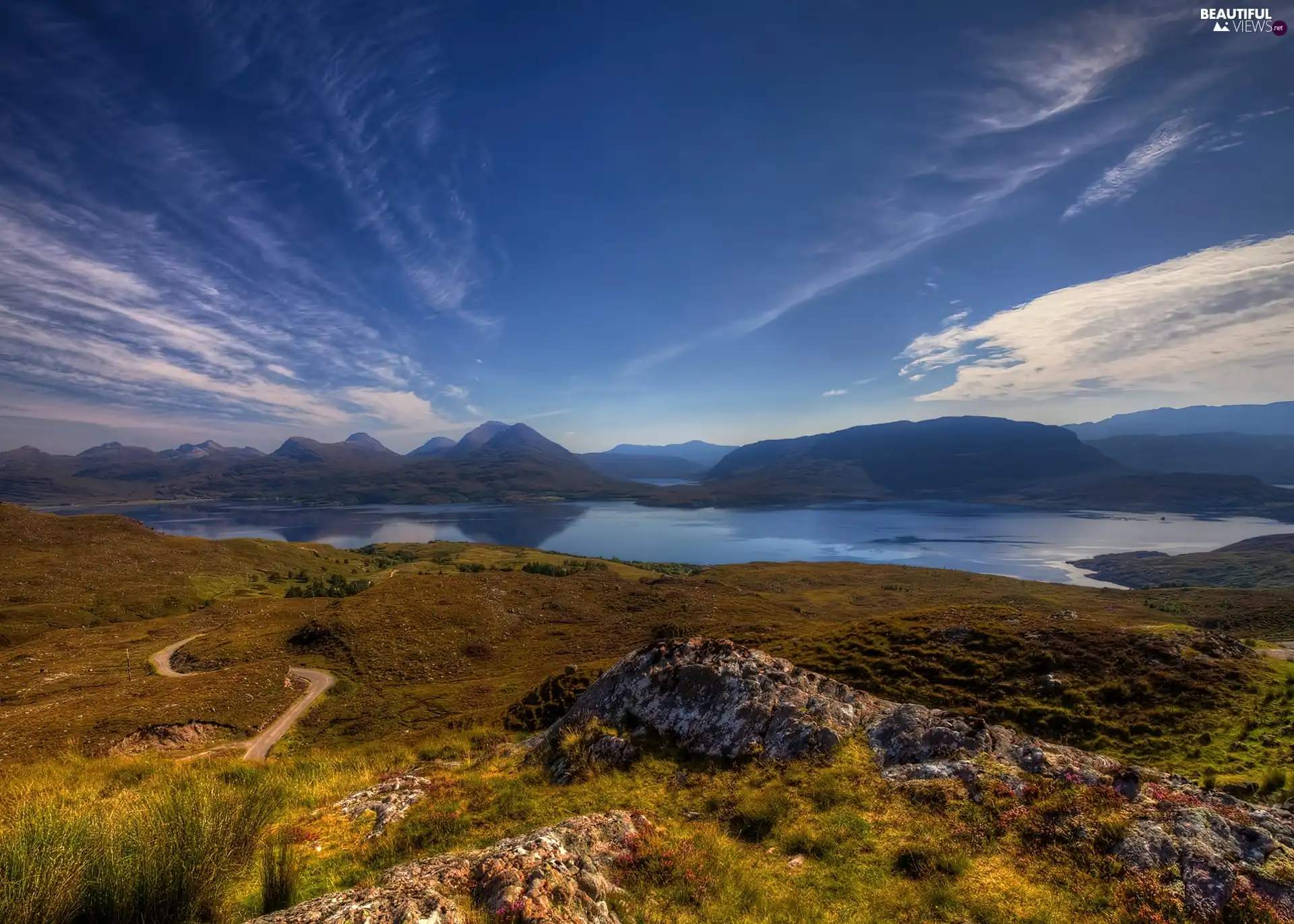 lake, medows, Way, Mountains