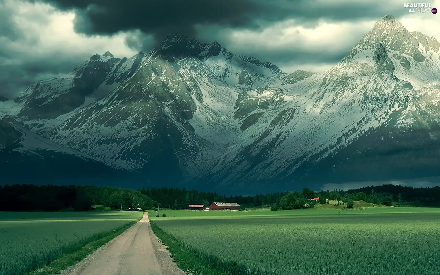 Mountains, grass, Way, clouds