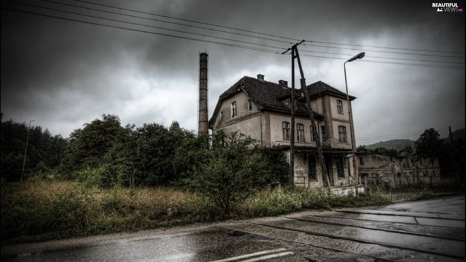 House, trees, railway, viewes, Way, way, Sky