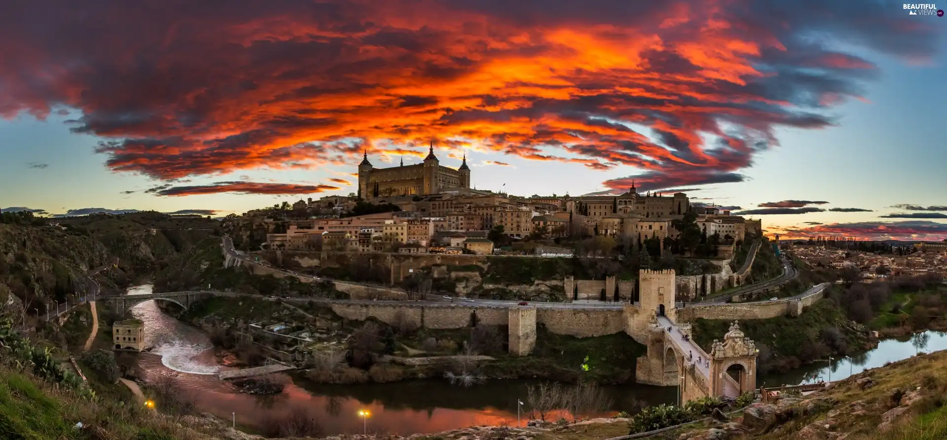 west, sun, Moat, clouds, Castle