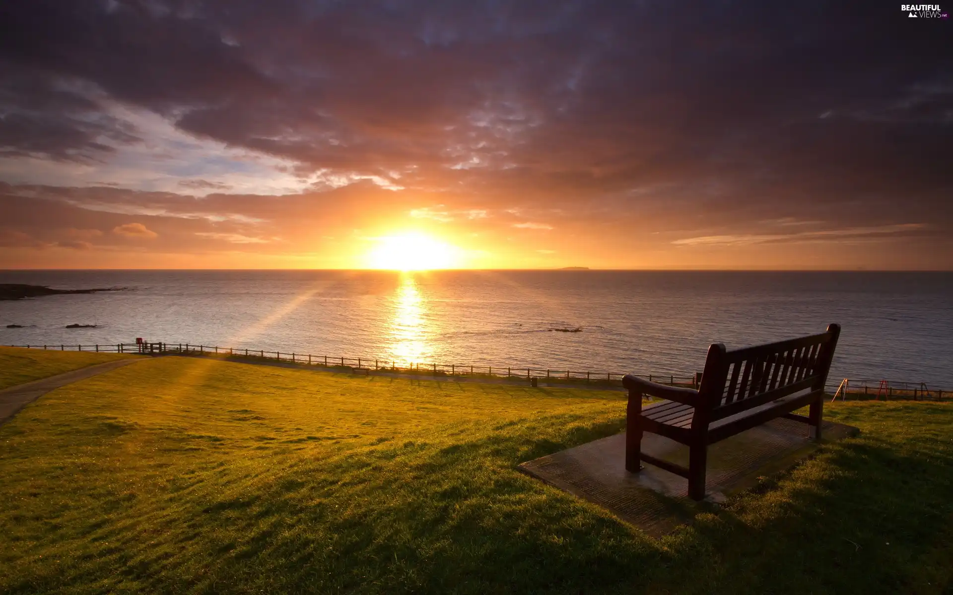 west, sun, Bench, clouds, Coast