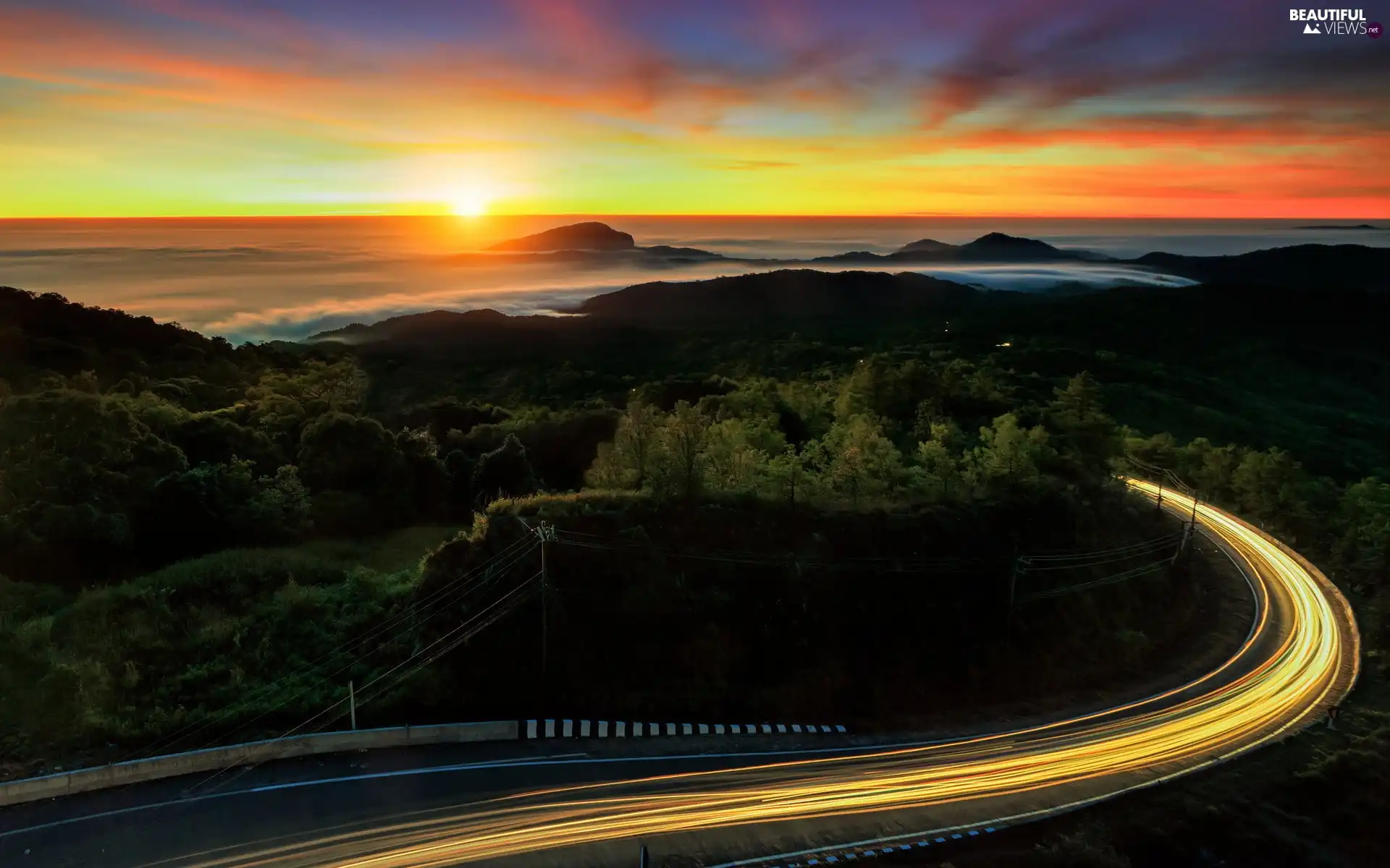 woods, Way, west, sun, Fog, Mountains