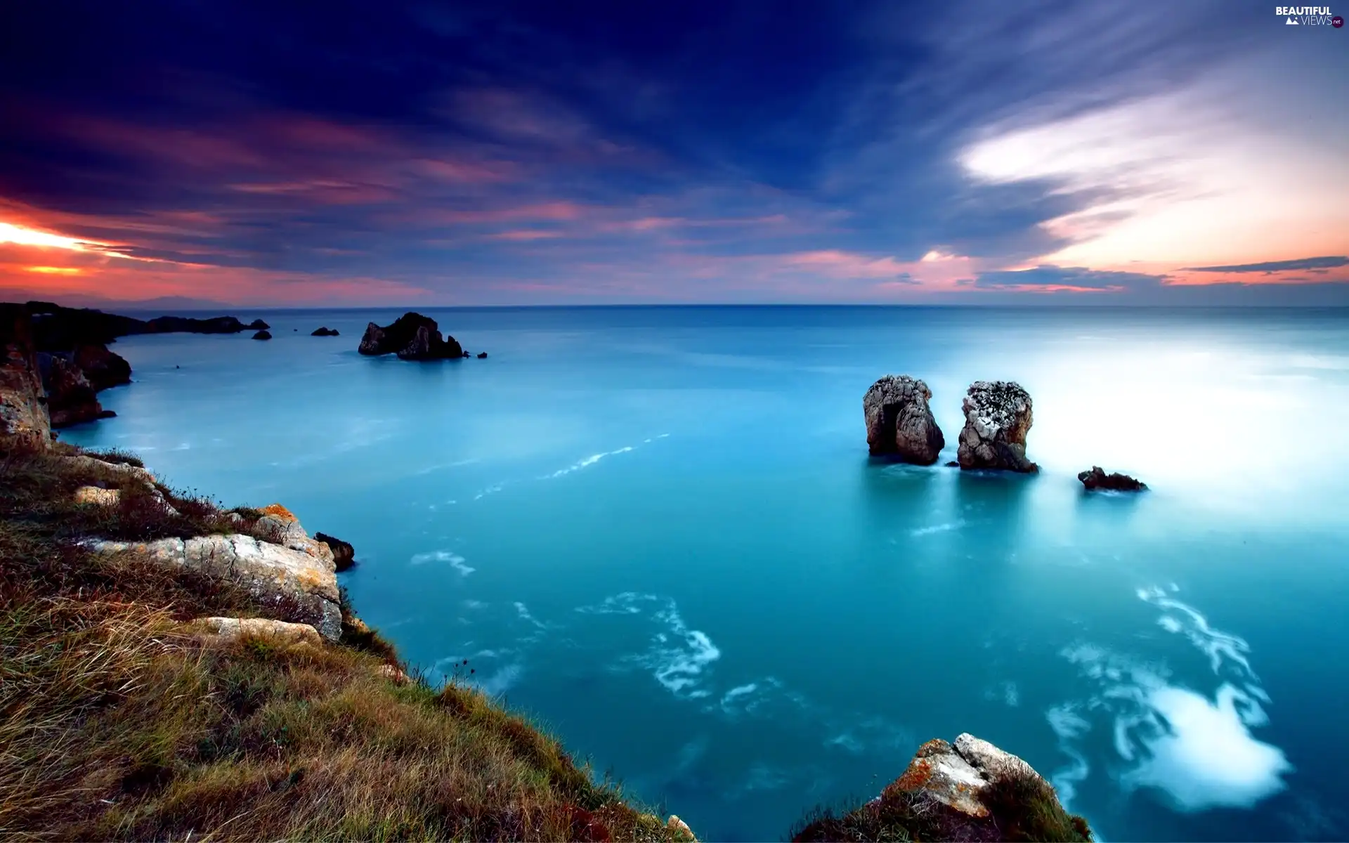 west, sun, rocks, coast, sea